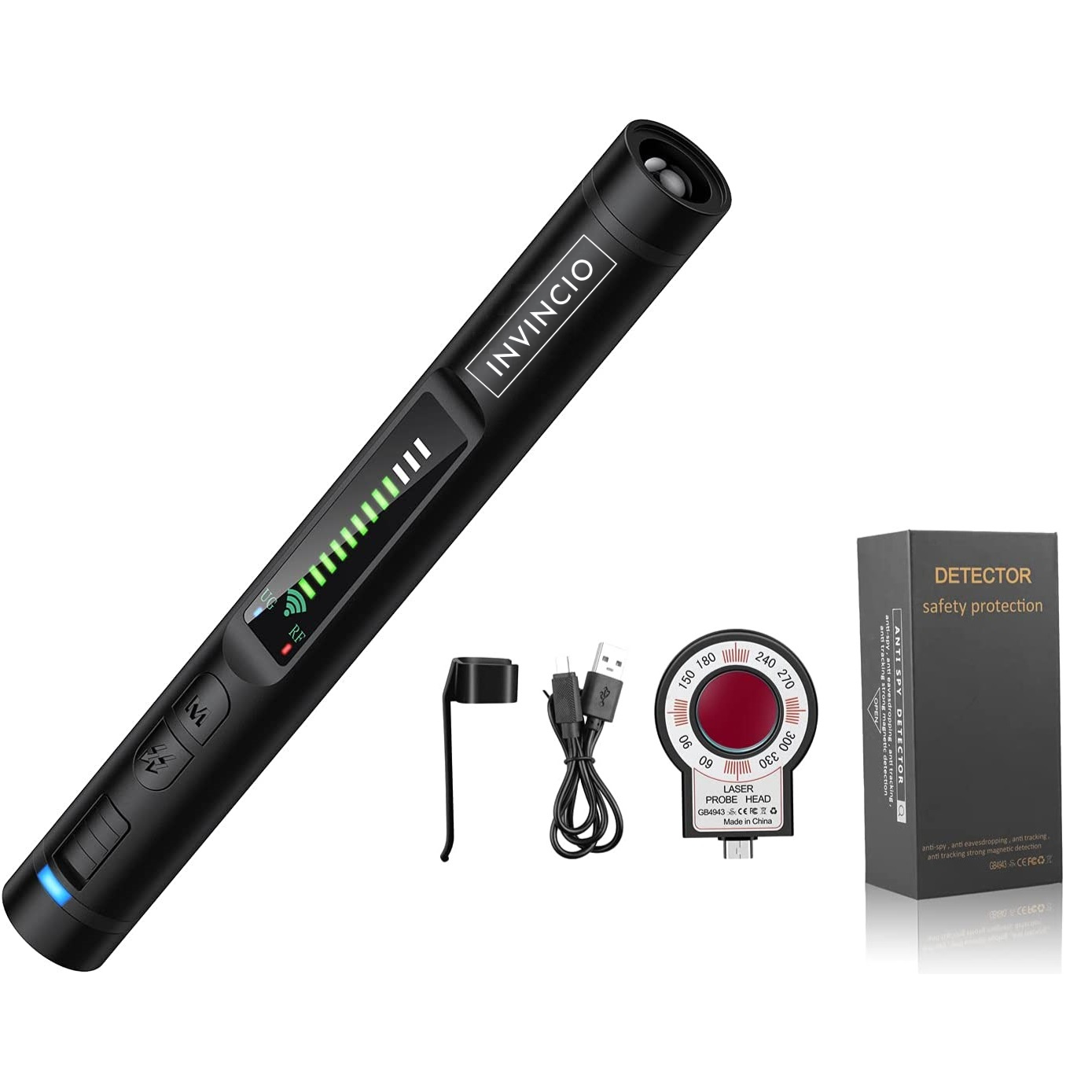 Detector camere si microfoane spion, Invincio, portabil, 12 nivele detectie cu indicator LED si sonor, detecteaza localizatoare GPS/GSM si reportofoane si alte surse ascunse, frecvente 100 micro HZ-8GHZ, lungime 13 cm, negru mat