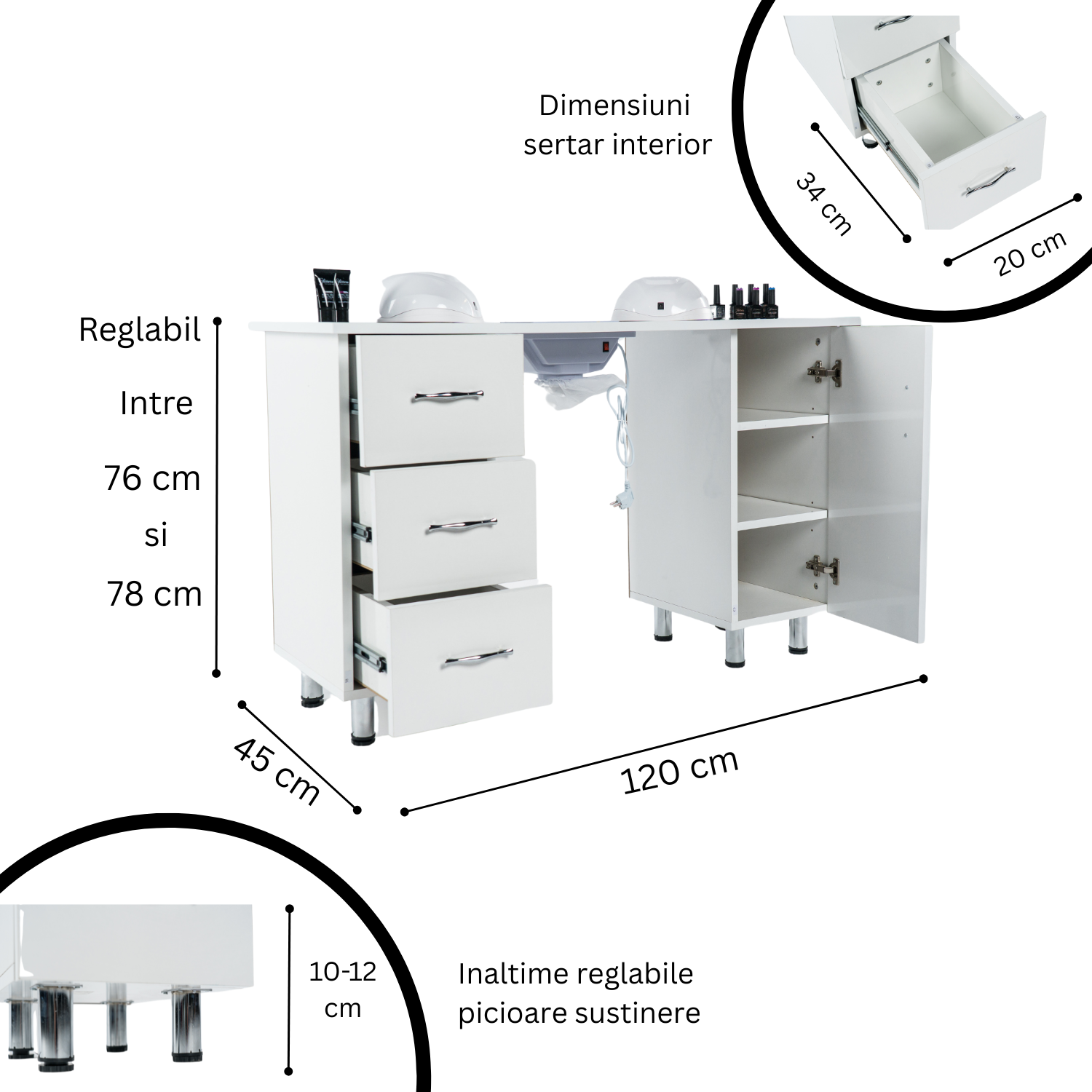 Masa profesionala pentru manichiura INVINCIO™ STYLE PRO cu aspirator integrat, reglaj pe inaltime, 2 dulapuri, 3 sertare, 3 rafturi, suprafata lavabila, dimensiuni 120x45x76 cm, alb