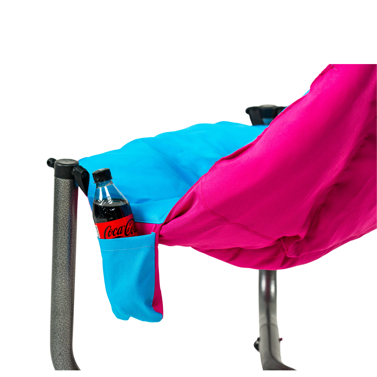 Scaun de plaja, gradina, pescuit si camping, Bezubi Campster, sezlong design ergonomic si demontabil, perna matlasata confortabila cu doua fete, buzunar lateral, material rezistent la umezeala, lavabil, fucsia-albastru