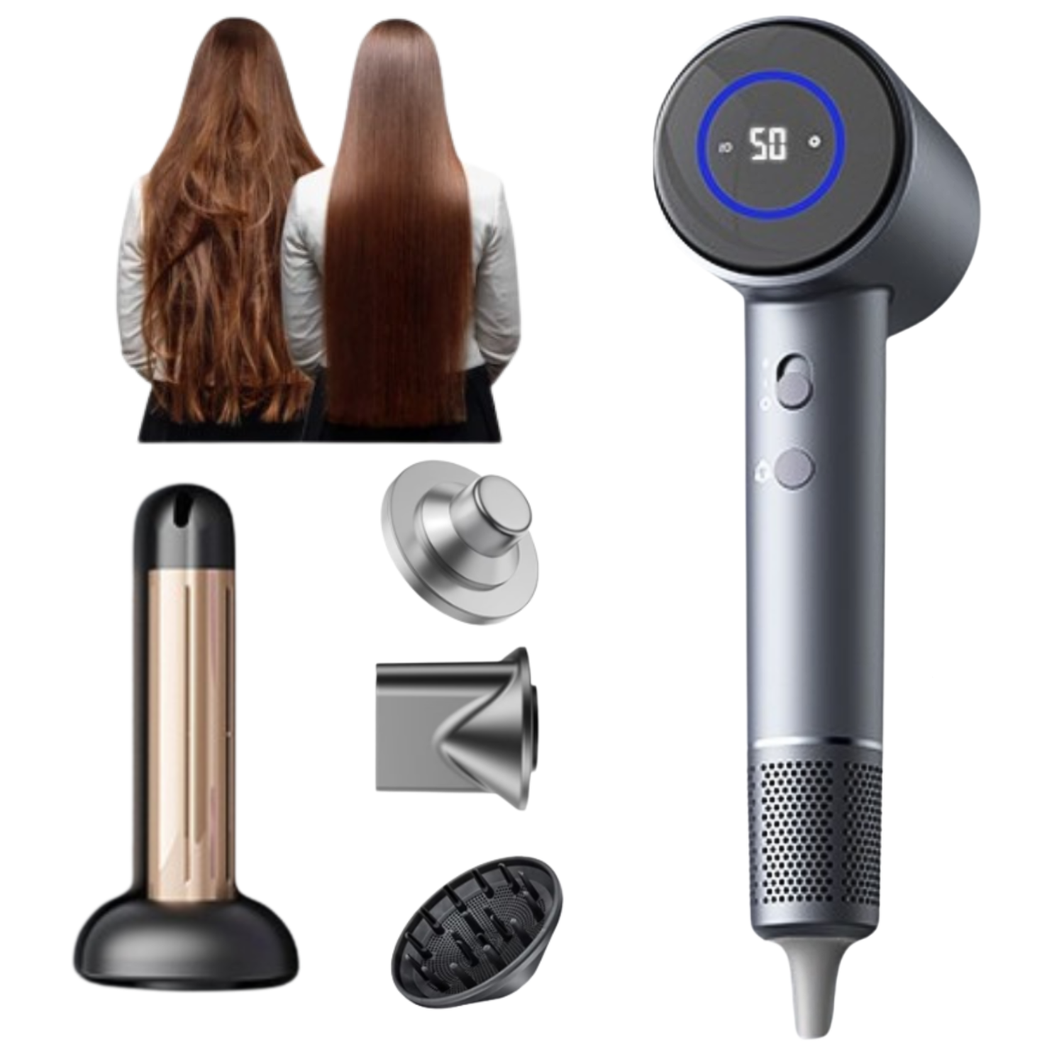 Set Uscator de par profesional, feon, Invincio Ionic 2, motor durabil, 110.000 RPM, flux aer 21m/s, 200 milioane ioni negativi, 5 trepte temperatura, 2 viteze, difuzor si concentrator magnetic, gri