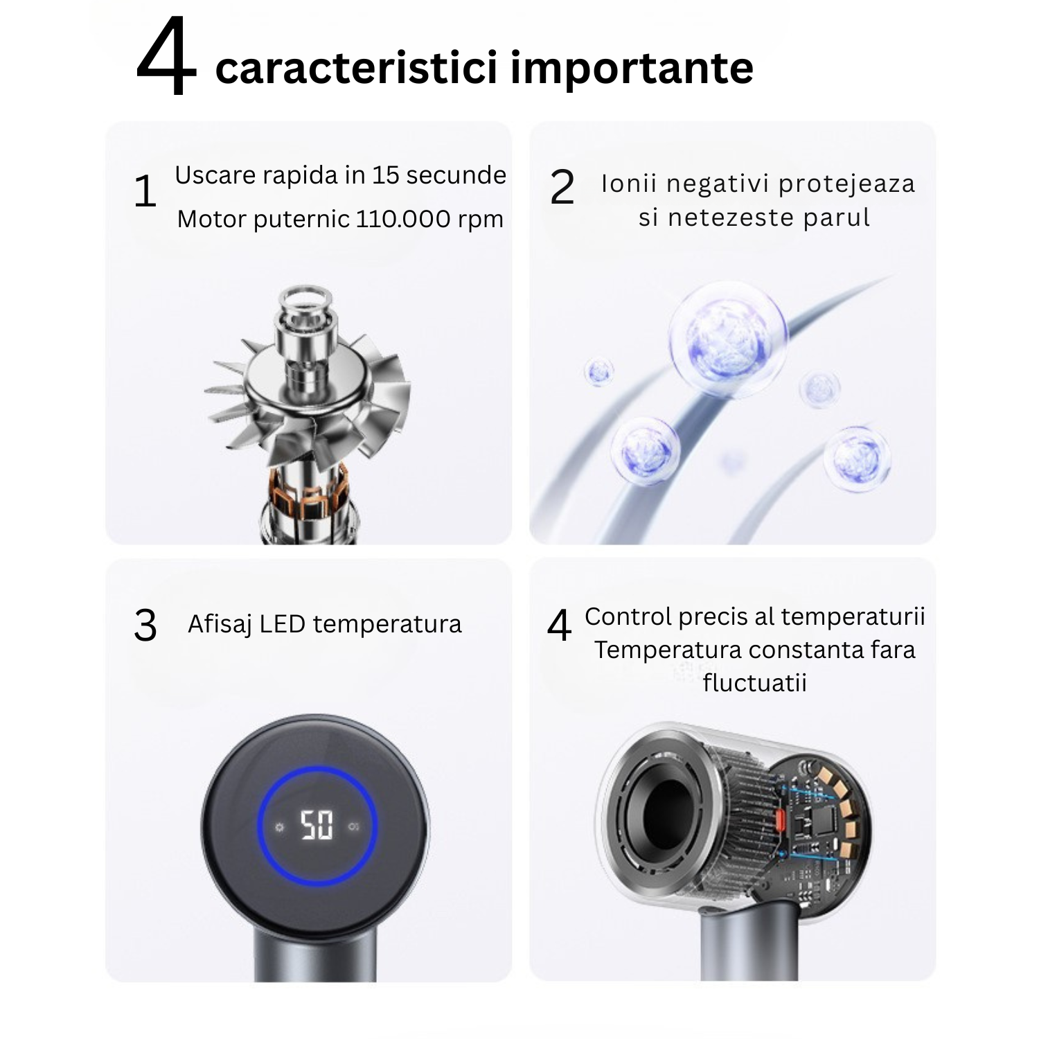 Set Uscator de par profesional, feon, Invincio Ionic 2, motor durabil, 110.000 RPM, flux aer 21m/s, 200 milioane ioni negativi, 5 trepte temperatura, 2 viteze, difuzor si concentrator magnetic, mov