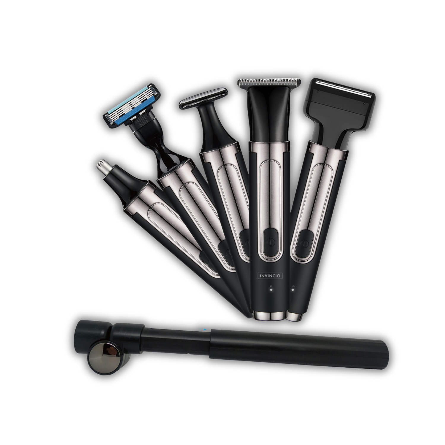 Set de Tuns si Barberit 6 in 1 pentru Barbati Invincio Razer, Electric, Maner Extensibil Spate, 2 Viteze, 5 Capete, 3 Piepteni Ghidaj, Reincarcabil, Rezistent la Apa, Ideal pentru Corp, Barba, Nas si Urechi, Negru