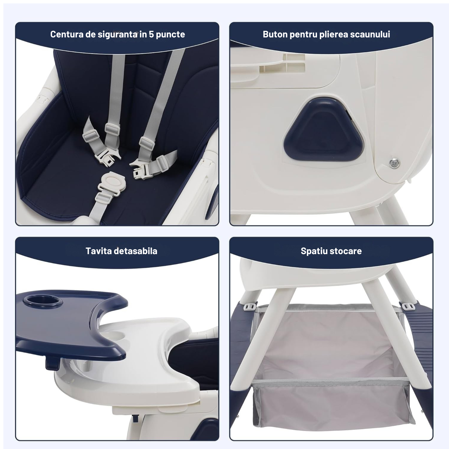 Scaun de masa pentru copii Invincio Care, varsta 6-72 luni, reglabil, pliabil, multifunctional si stabil, roti, centura de siguranta 5 Puncte, ajustabil pe inaltime, rezistent la murdarie, cos de depozitare, picioare antiderapante, design modern, Albastru