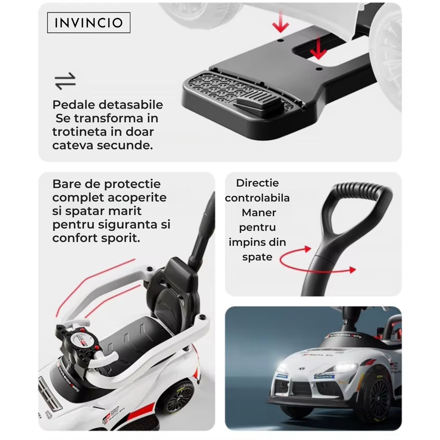 Masinuta 3 in 1, Invincio Toyota Supra pentru Copii 1-3 Ani, Maner detasabil Control Parental, Suport Picioare, Muzica Interactiva, Compartiment Depozitare, Design Sportiv, Alb