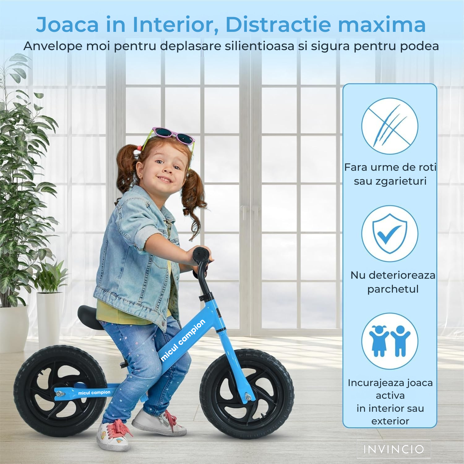 Bicicleta Fara Pedale, Invincio Micul Campion, pentru Copii 3-6 Ani, Roti EVA Anti-Pana, Scaun si Ghiidon Reglabil, Cadru Otel Usor, Manere Antialunecare – Perfecta pentru Echilibru si Coordonare, Capacitate Maxima 30 de kg, Albastru