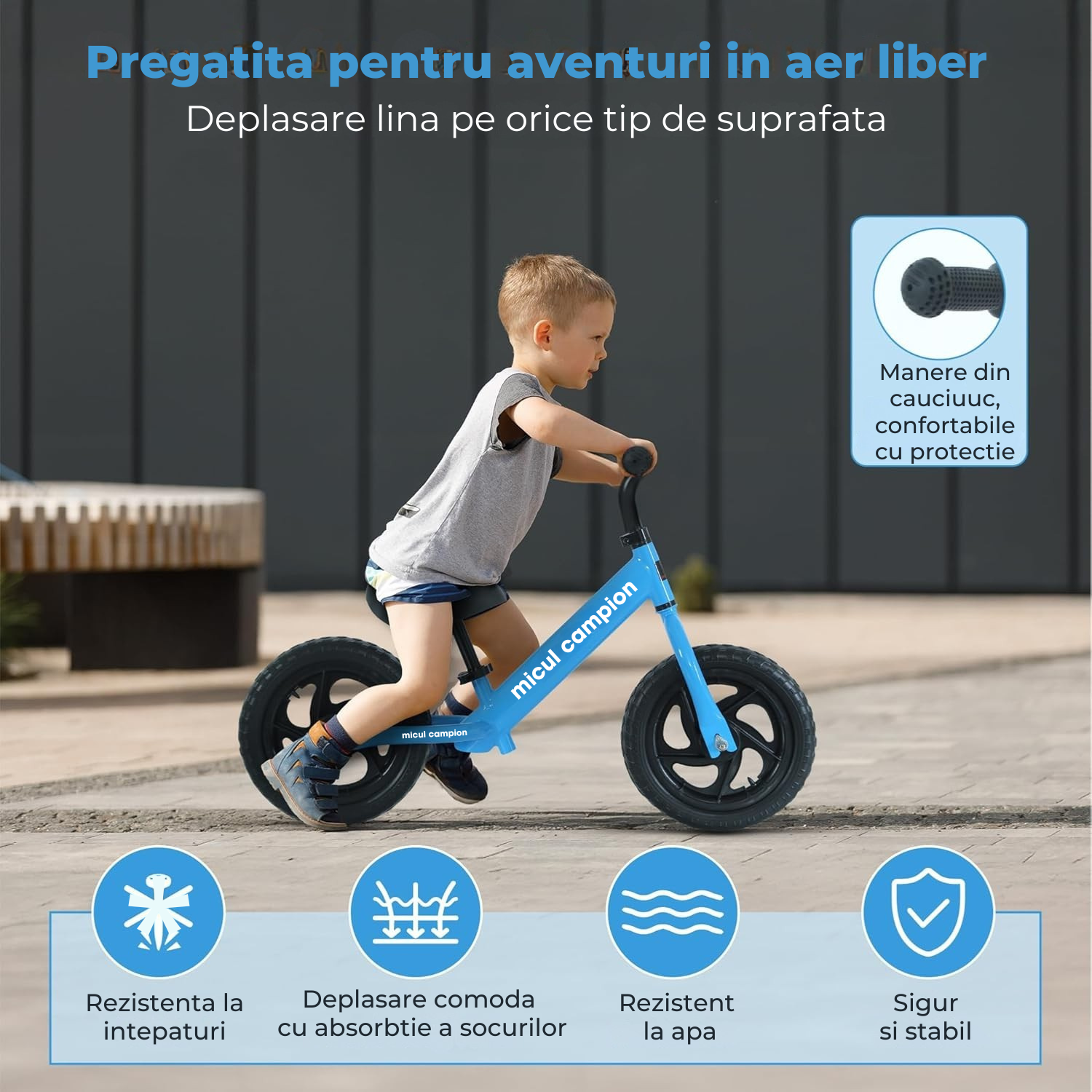 Bicicleta Fara Pedale, Invincio Micul Campion, pentru Copii 3-6 Ani, Roti EVA Anti-Pana, Scaun si Ghiidon Reglabil, Cadru Otel Usor, Manere Antialunecare – Perfecta pentru Echilibru si Coordonare, Capacitate Maxima 30 de kg, Albastru