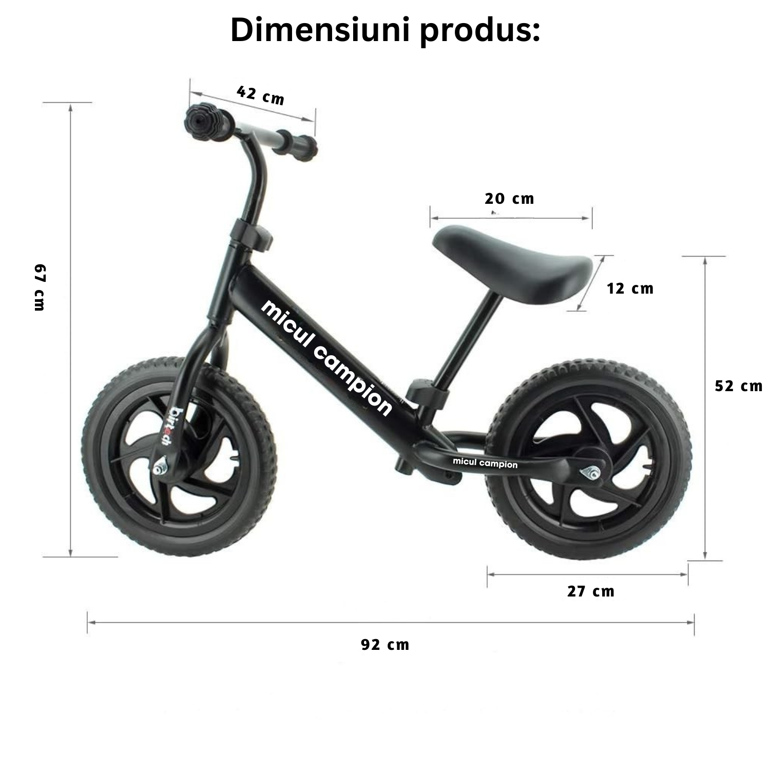 Bicicleta Fara Pedale, Invincio Micul Campion, pentru Copii 3-6 Ani, Roti EVA Anti-Pana, Scaun si Ghidon Reglabil, Cadru Otel Usor, Manere Antialunecare – Perfecta pentru Echilibru si Coordonare, Capacitate Maxima 30 de kg, Neagra