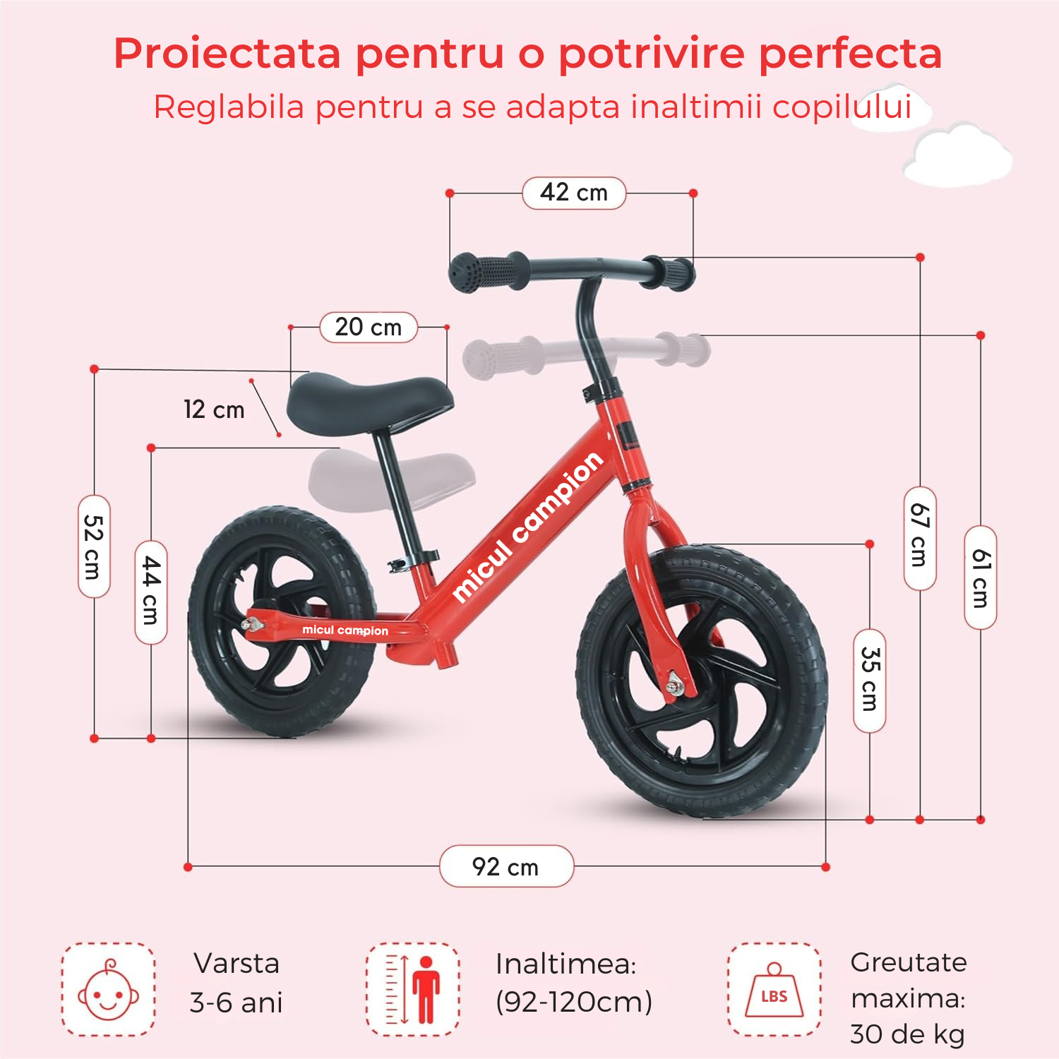 Bicicleta Fara Pedale, Invincio Micul Campion, pentru Copii 3-6 Ani, Roti EVA Anti-Pana, Scaun si Ghiidon Reglabil, Cadru Otel Usor, Manere Antialunecare – Perfecta pentru Echilibru si Coordonare, Capacitate Maxima 30 de kg, Rosie