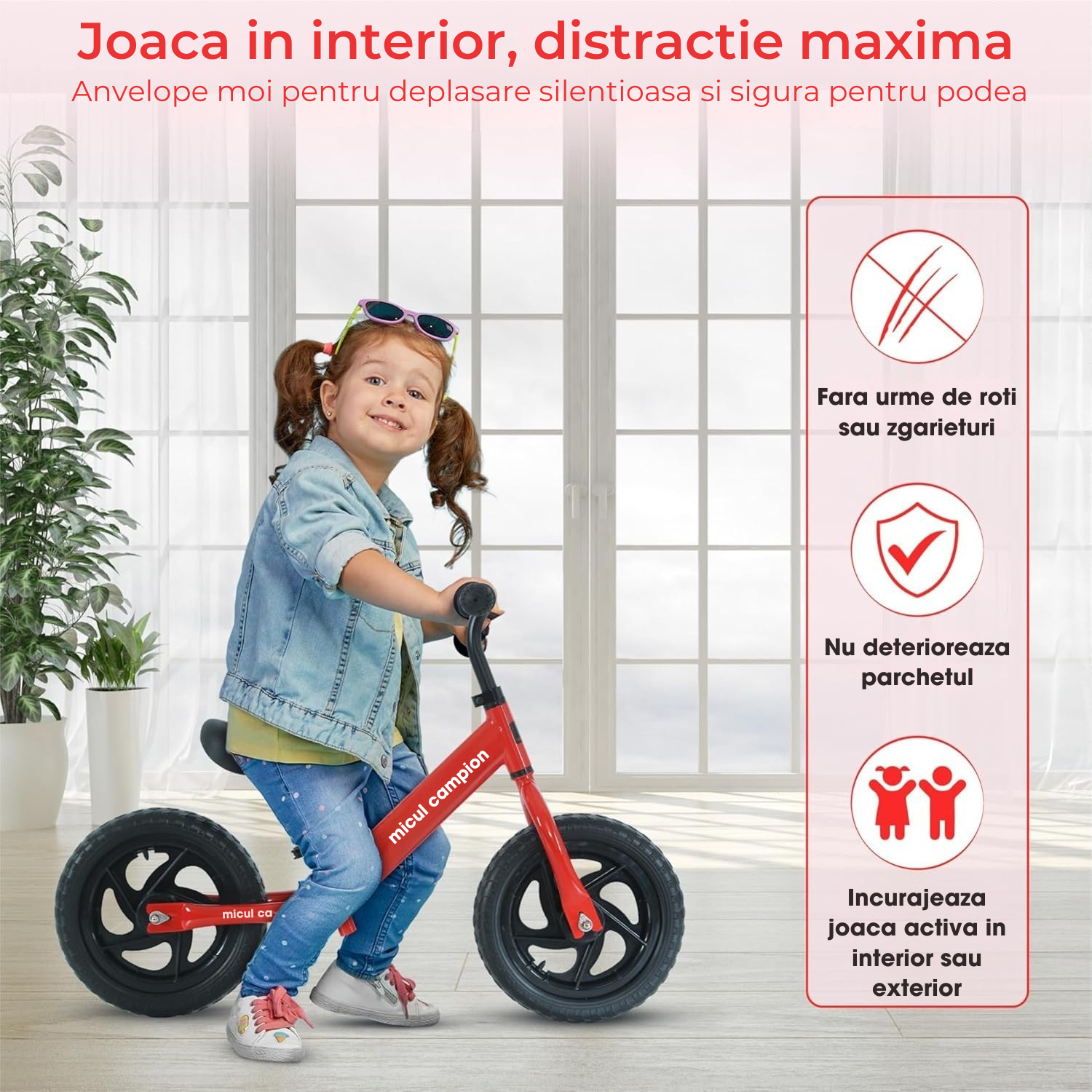 Bicicleta Fara Pedale, Invincio Micul Campion, pentru Copii 3-6 Ani, Roti EVA Anti-Pana, Scaun si Ghiidon Reglabil, Cadru Otel Usor, Manere Antialunecare – Perfecta pentru Echilibru si Coordonare, Capacitate Maxima 30 de kg, Rosie