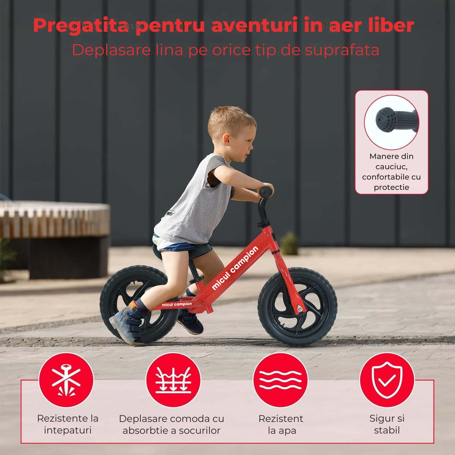 Bicicleta Fara Pedale, Invincio Micul Campion, pentru Copii 3-6 Ani, Roti EVA Anti-Pana, Scaun si Ghiidon Reglabil, Cadru Otel Usor, Manere Antialunecare – Perfecta pentru Echilibru si Coordonare, Capacitate Maxima 30 de kg, Rosie