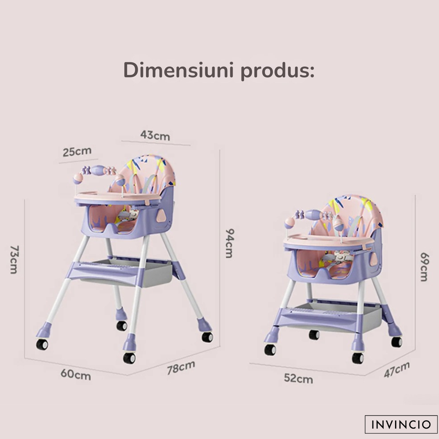 Scaun de masa pentru copii Invincio Care, varsta 6-72 luni, reglabil, pliabil, multifunctional si stabil, roti, centura de siguranta 5 Puncte, ajustabil pe inaltime, rezistent la murdarie, cos de depozitare, picioare antiderapante, design modern, Roz