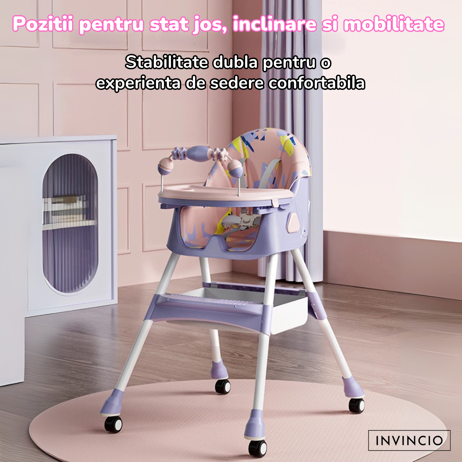 Scaun de masa pentru copii Invincio Care, varsta 6-72 luni, reglabil, pliabil, multifunctional si stabil, roti, centura de siguranta 5 Puncte, ajustabil pe inaltime, rezistent la murdarie, cos de depozitare, picioare antiderapante, design modern, Roz