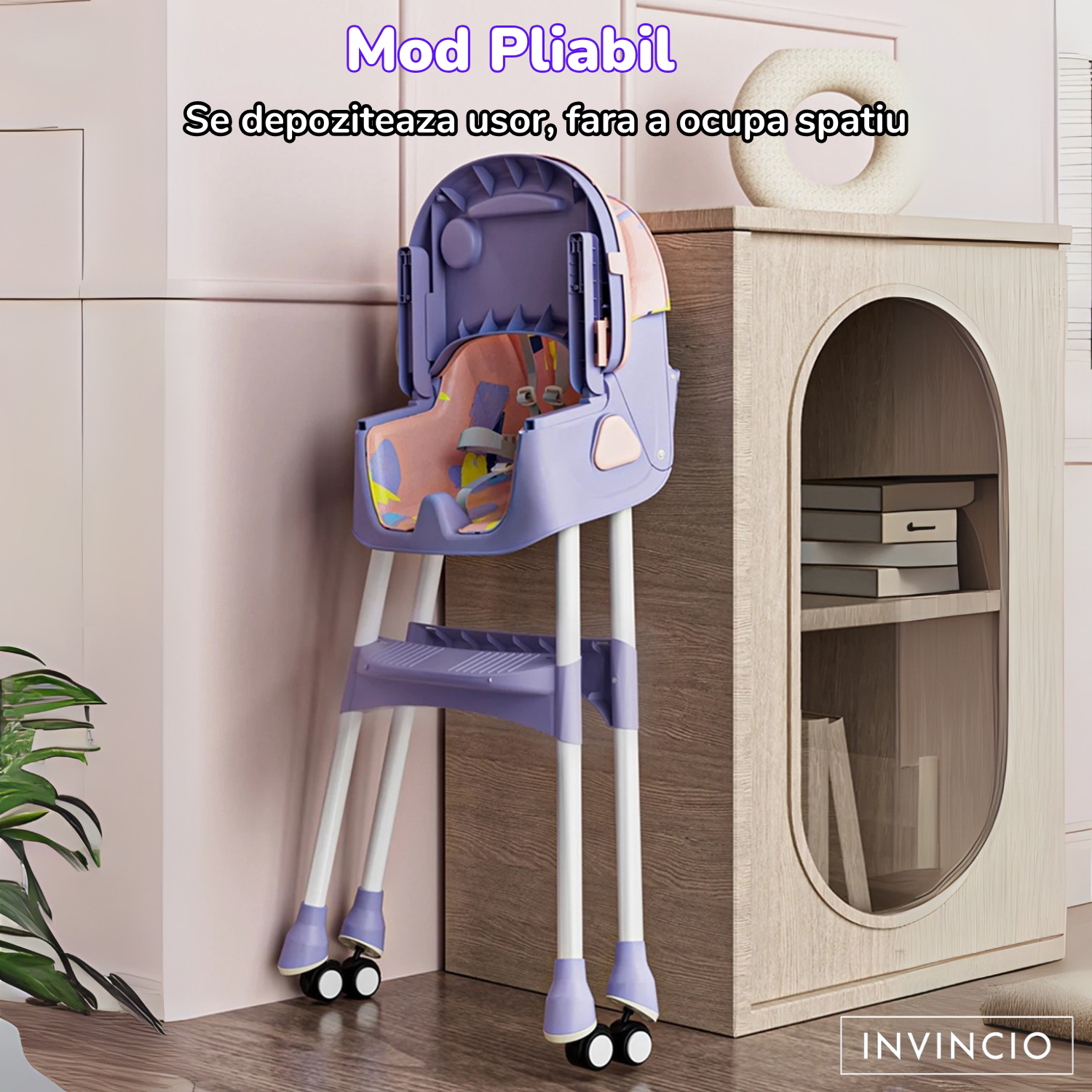 Scaun de masa pentru copii Invincio Care, varsta 6-72 luni, reglabil, pliabil, multifunctional si stabil, roti, centura de siguranta 5 Puncte, ajustabil pe inaltime, rezistent la murdarie, cos de depozitare, picioare antiderapante, design modern, Roz