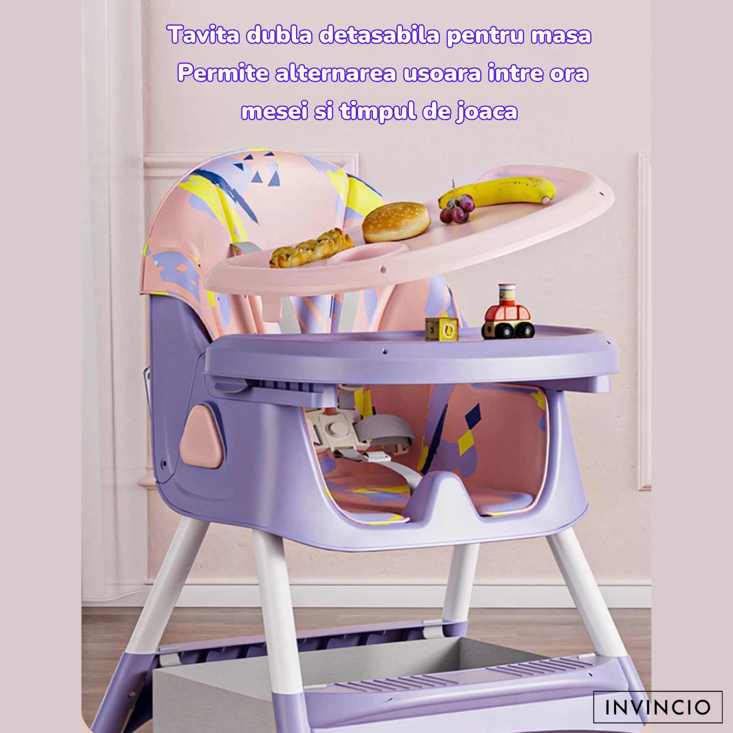 Scaun de masa pentru copii Invincio Care, varsta 6-72 luni, reglabil, pliabil, multifunctional si stabil, roti, centura de siguranta 5 Puncte, ajustabil pe inaltime, rezistent la murdarie, cos de depozitare, picioare antiderapante, design modern, Roz
