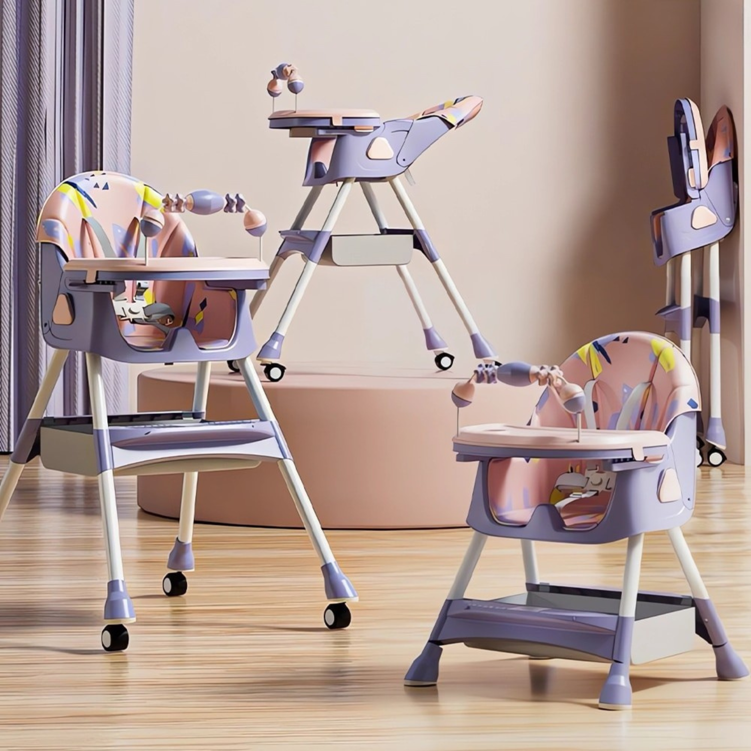 Scaun de masa pentru copii Invincio Care, varsta 6-72 luni, reglabil, pliabil, multifunctional si stabil, roti, centura de siguranta 5 Puncte, ajustabil pe inaltime, rezistent la murdarie, cos de depozitare, picioare antiderapante, design modern, Roz