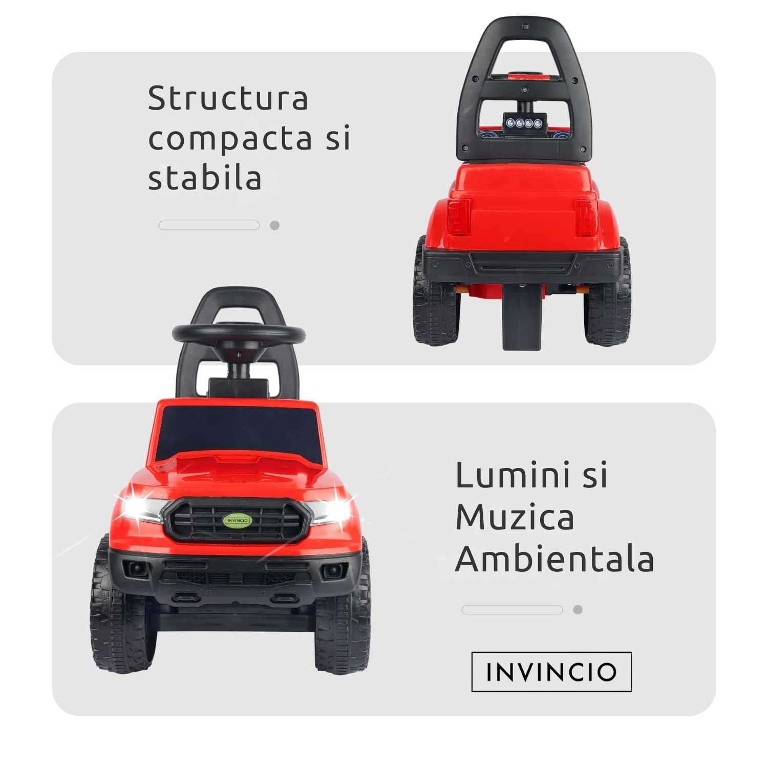 Masinuta Invincio RideOn Ranger, fara pedale, pentru copii 12+ luni, volan cu buton pentru muzica si lumini, spatar siguranta, compartiment depozitare, design tip Jeep, 4 roti stabile, rosu