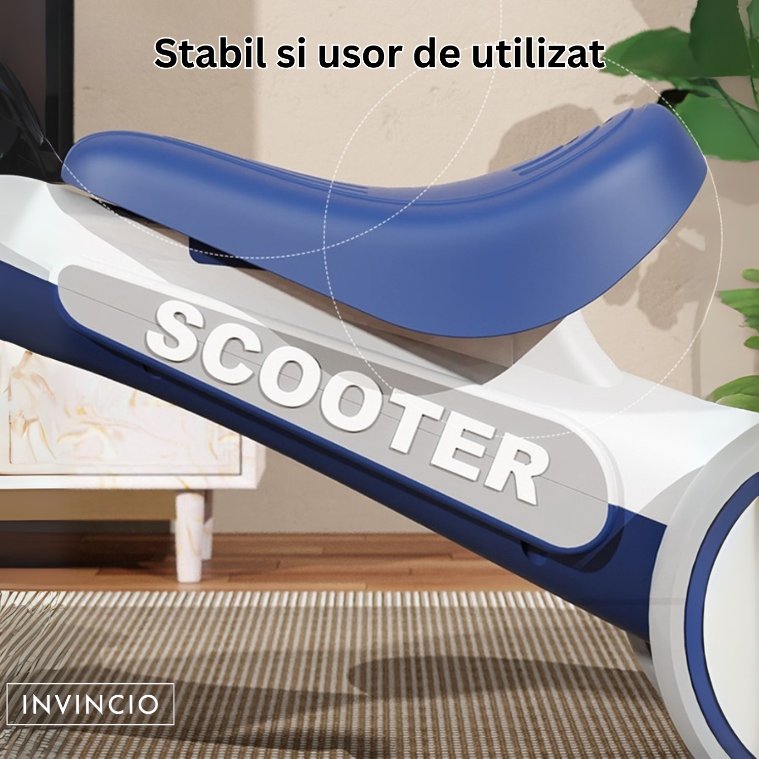 Bicicleta Invincio Kid, fara pedale, interior exterior, pentru copii 1-4 ani, 4 roti EVA silentioase si care nu zgarie parchetul, structura stabila anti-rasturnare, lumini frontale si muzica ambientala, sezut ergonomic, albastra