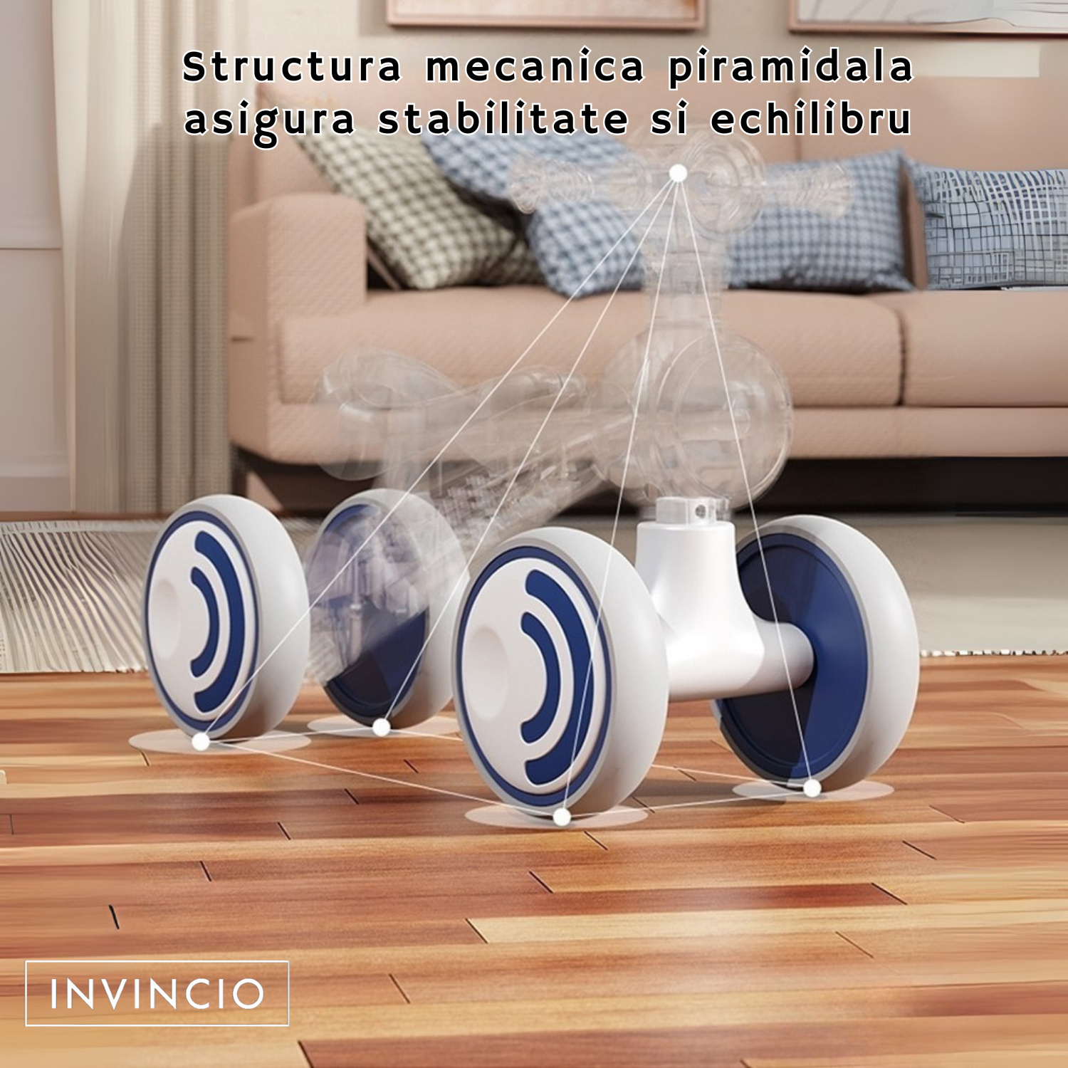 Bicicleta Invincio Kid, fara pedale, interior exterior, pentru copii 1-4 ani, 4 roti EVA silentioase si care nu zgarie parchetul, structura stabila anti-rasturnare, lumini frontale si muzica ambientala, sezut ergonomic, albastra