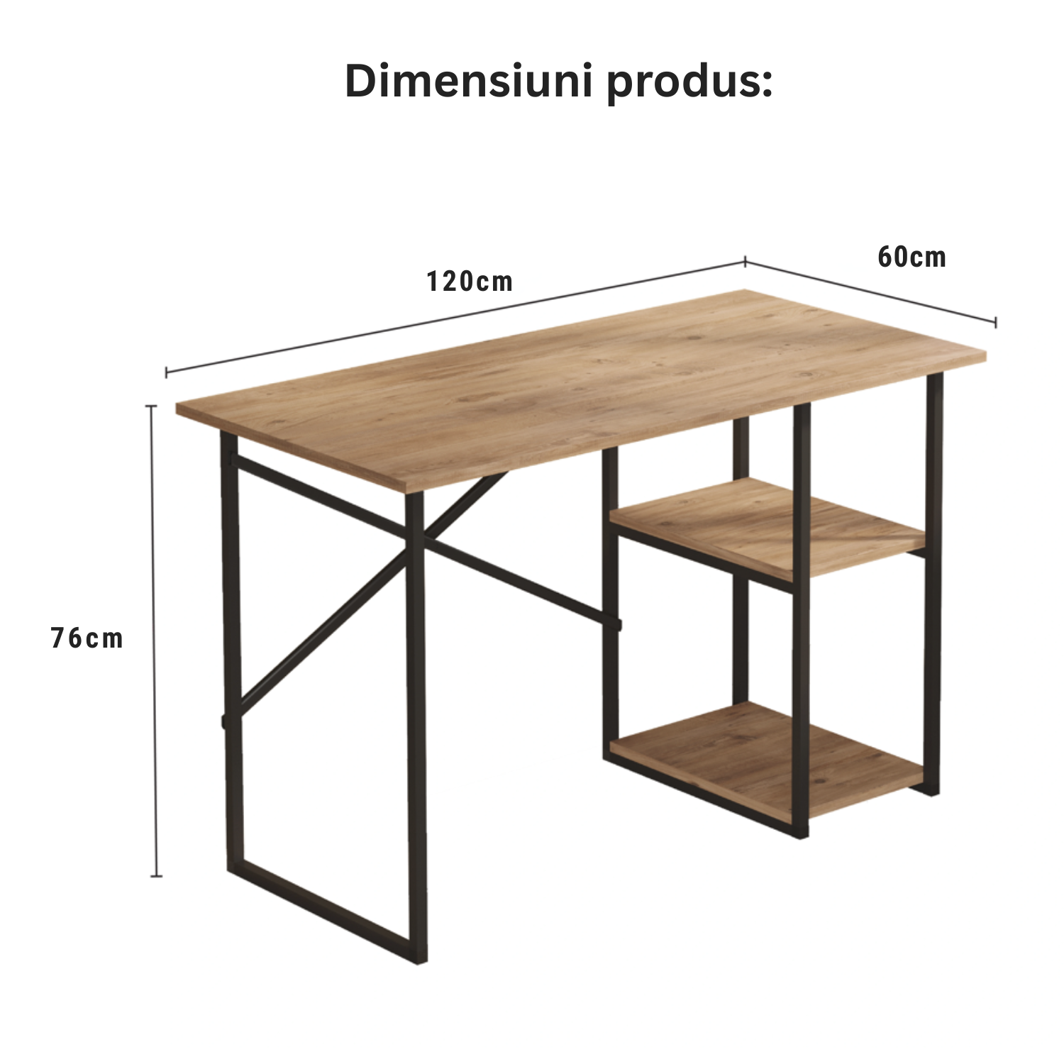 Birou de Calculator Bezubi Vienna, Design Modern, 2 Rafturi Laterale pentru Depozitare, Blat cu Finisaj Stejar, Cadru Metalic Negru, Compact si Robust, Dimensiuni 120x60x76 cm, Usor de Asamblat, maro