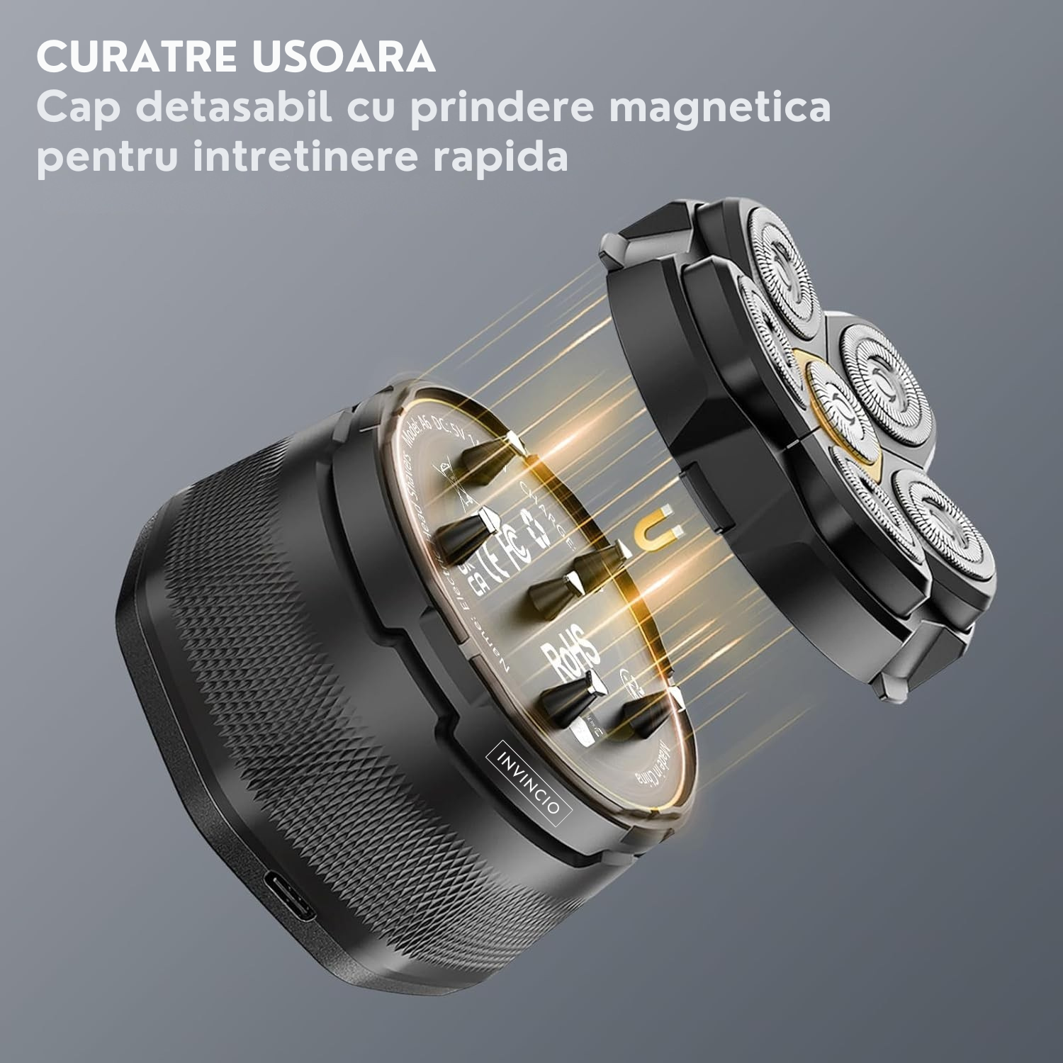 Aparat de ras electric Invincio Edge fata si cap, pentru barbati, ergonomic 6D, utilizare uscata sau umeda sub dus, cap magnetic, rezistent la apa, 2 viteze, autonomie 180 min, incarcare USB, diplay LED, baterie litiu reincarcabila, negru