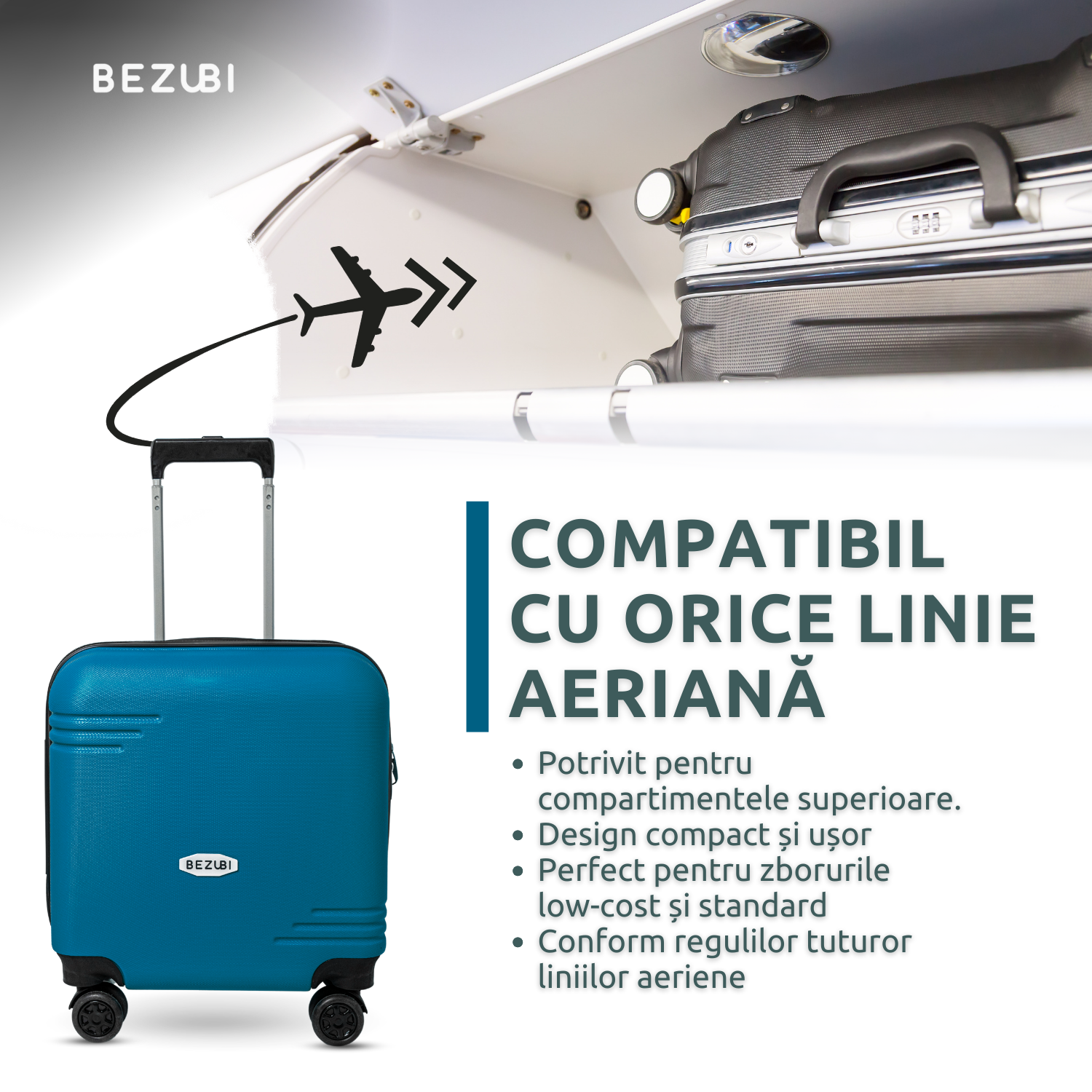 Troler Cabina Bezubi On the Go, Maner Telescopic, Albastru Azur