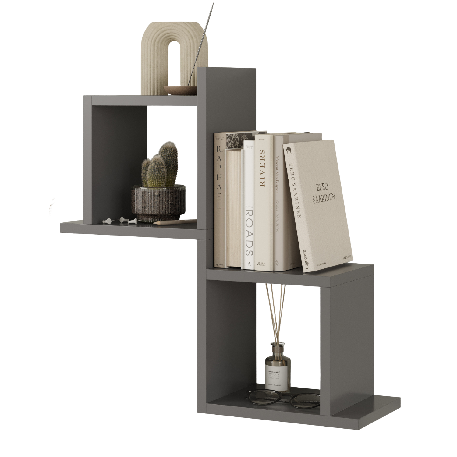 Etajera de perete modulara dubla Capri, design geometric modern, 2 rafturi cubice, montaj usor, dimensiuni 58x60x20 cm, ideala pentru carti, decoratiuni si plante, gri