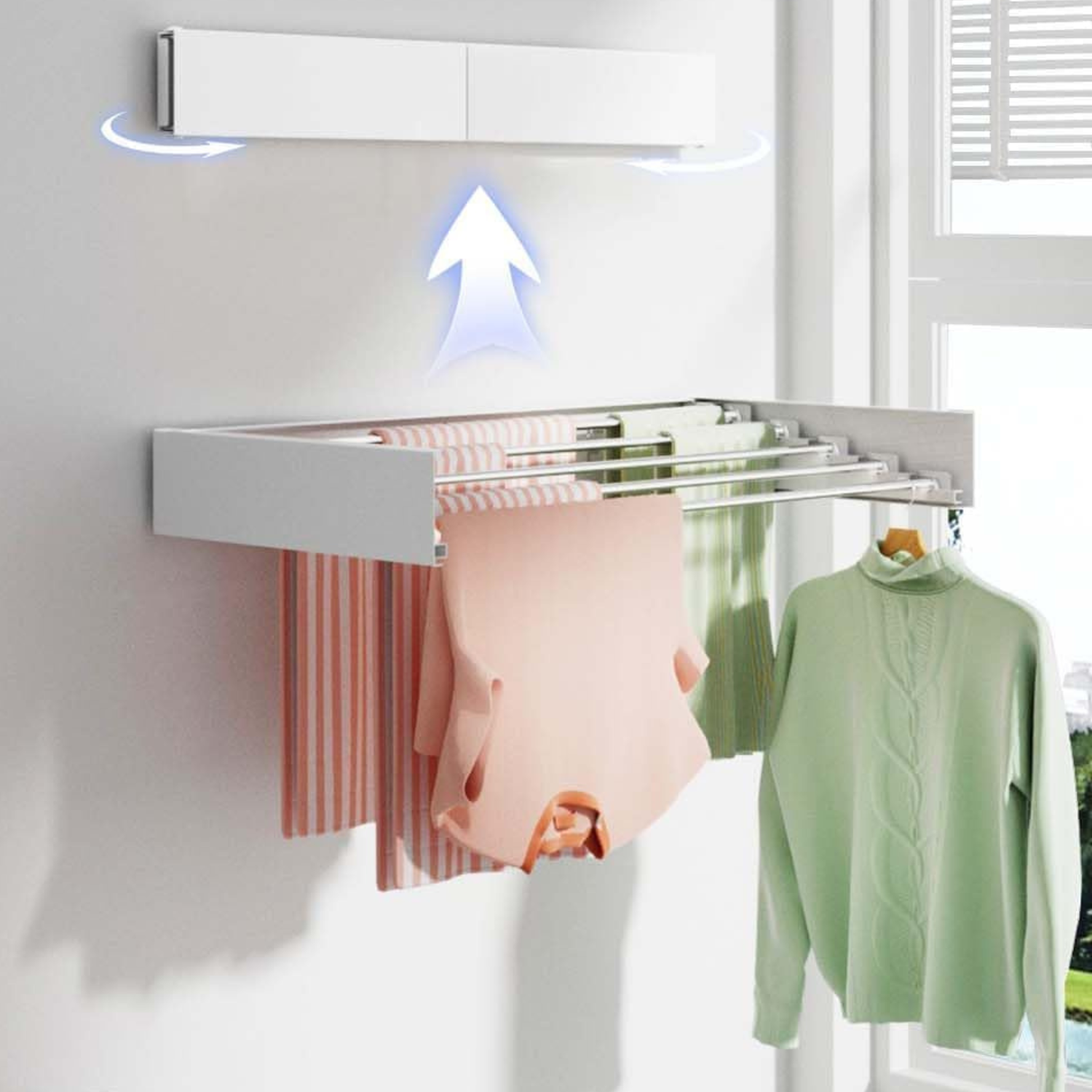 Uscator de Rufe Pliabil, Bezubi FlexDry, Montare Perete, Retractabil. Usor de instalat, Design Compact, Capacitate uscare 8.4 m, Sustine pana la 30 de kg, Metalic vopsit electrostatic Pentru Interior si Exterior, 120 cm. Alb