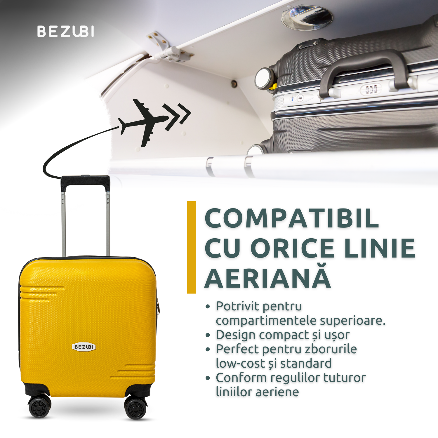 Troler Cabina Bezubi On the Go, Maner Telescopic, Galben Imperial