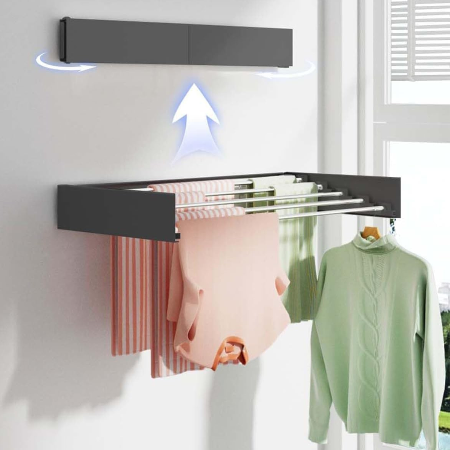 Uscator de Rufe Pliabil, Bezubi FlexDry, Montare Perete, Retractabil. Usor de instalat, Design Compact, Capacitate uscare 8.4 m, Sustine pana la 30 de kg, Metalic vopsit electrostatic Pentru Interior si Exterior, 120 cm. Gri