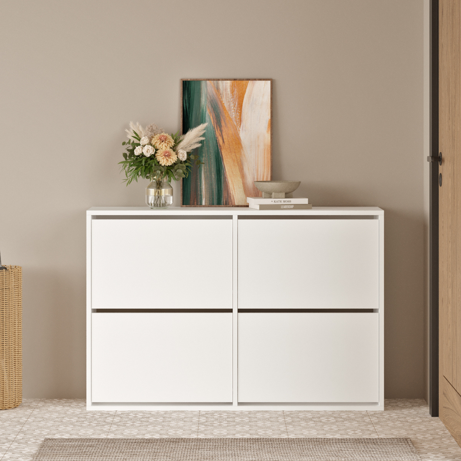 Pantofar cu 4 compartimente, capacitate pana la 16 perechi pantofi, mobilier hol, design slim, organizator pantofi, dimensiuni 117,5 x 27 x 79 cm, structura rezistenta, aspect modern, alb