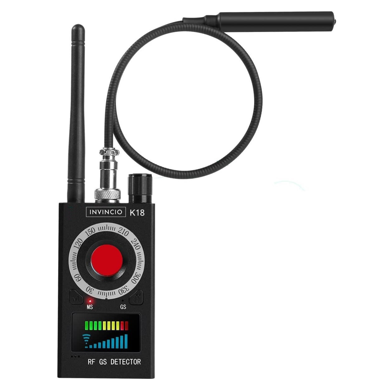 Detector profesional anti spionaj, Invincio K18, detecteaza Camere, Microfoane, Localizatoare GPS sau GSM, semnale wi-fi si dispozitive cu frecvente 1-8000MHZ, lungime 10.5 cm, negru