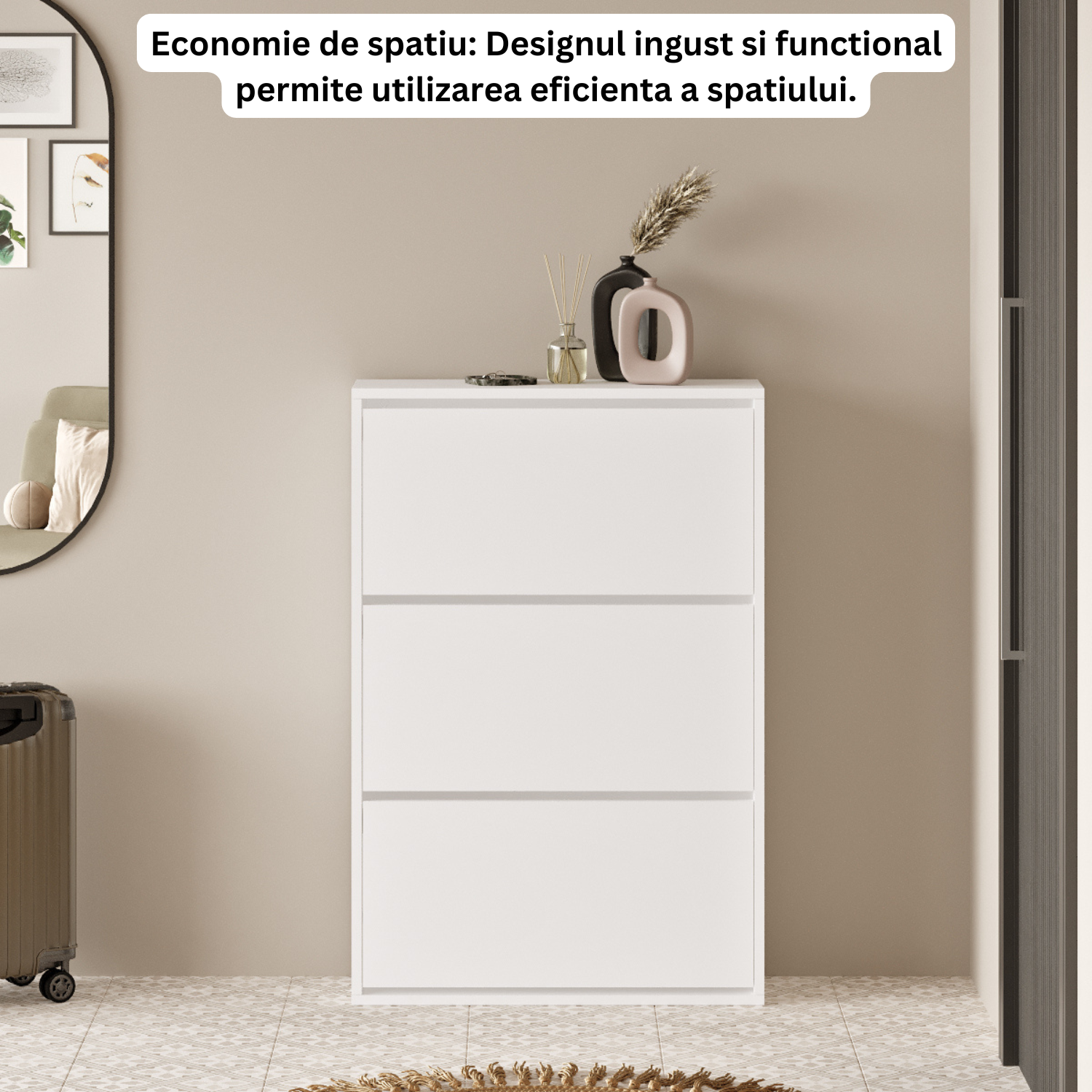 Pantofar Slim pentru Incaltaminte, Bezubi Bilbao, 3 Sertare, capacitate pana la 18 perechi, 110 X 73 X 24 cm, Sistem anti-inclinare, Design Subtire, Economie de Spatiu, pentru Hol, Dormitor sau Living, Alb