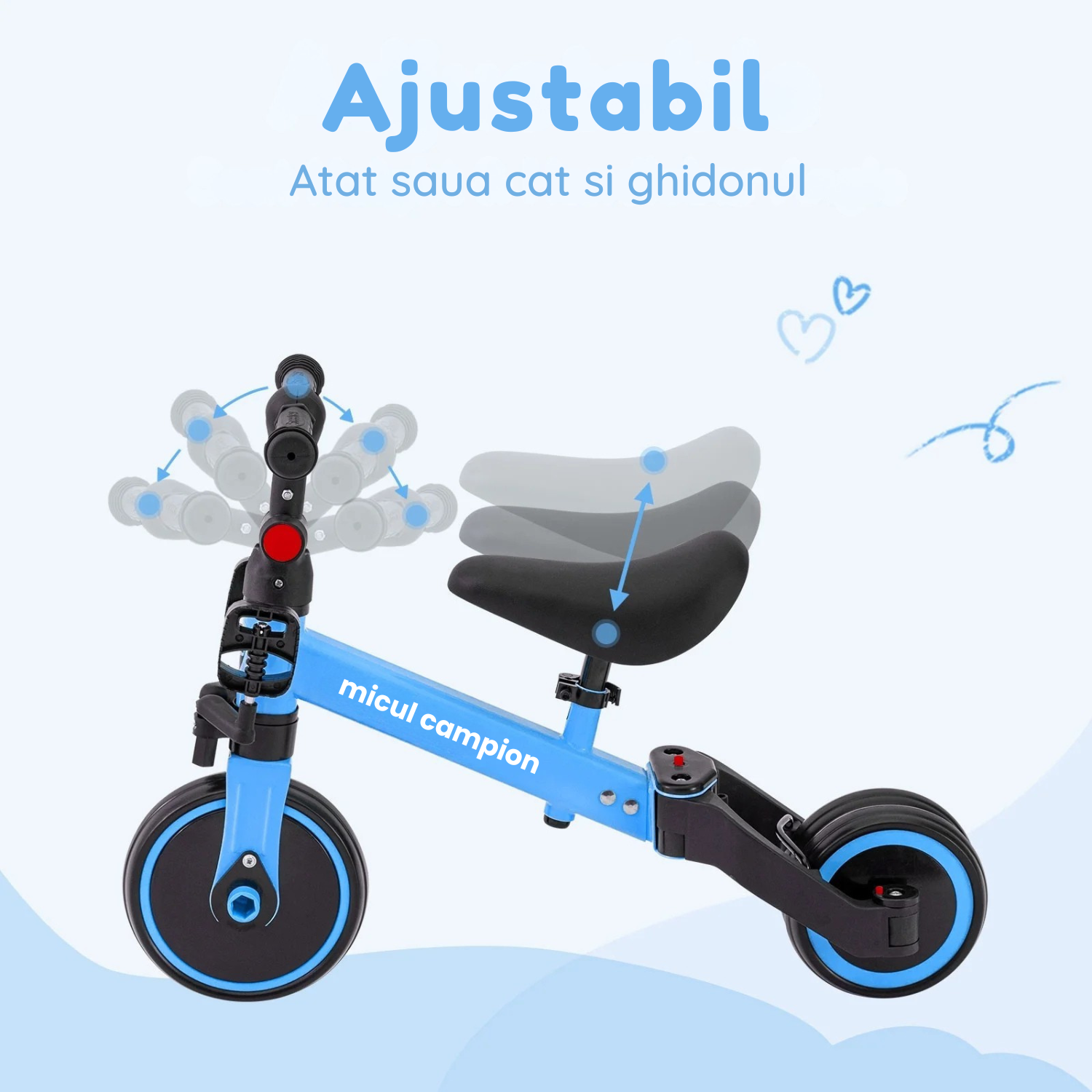 Invincio Micul Campion EasyRide 2–5 ani – Tricicleta modulara 4-in-1, albastru