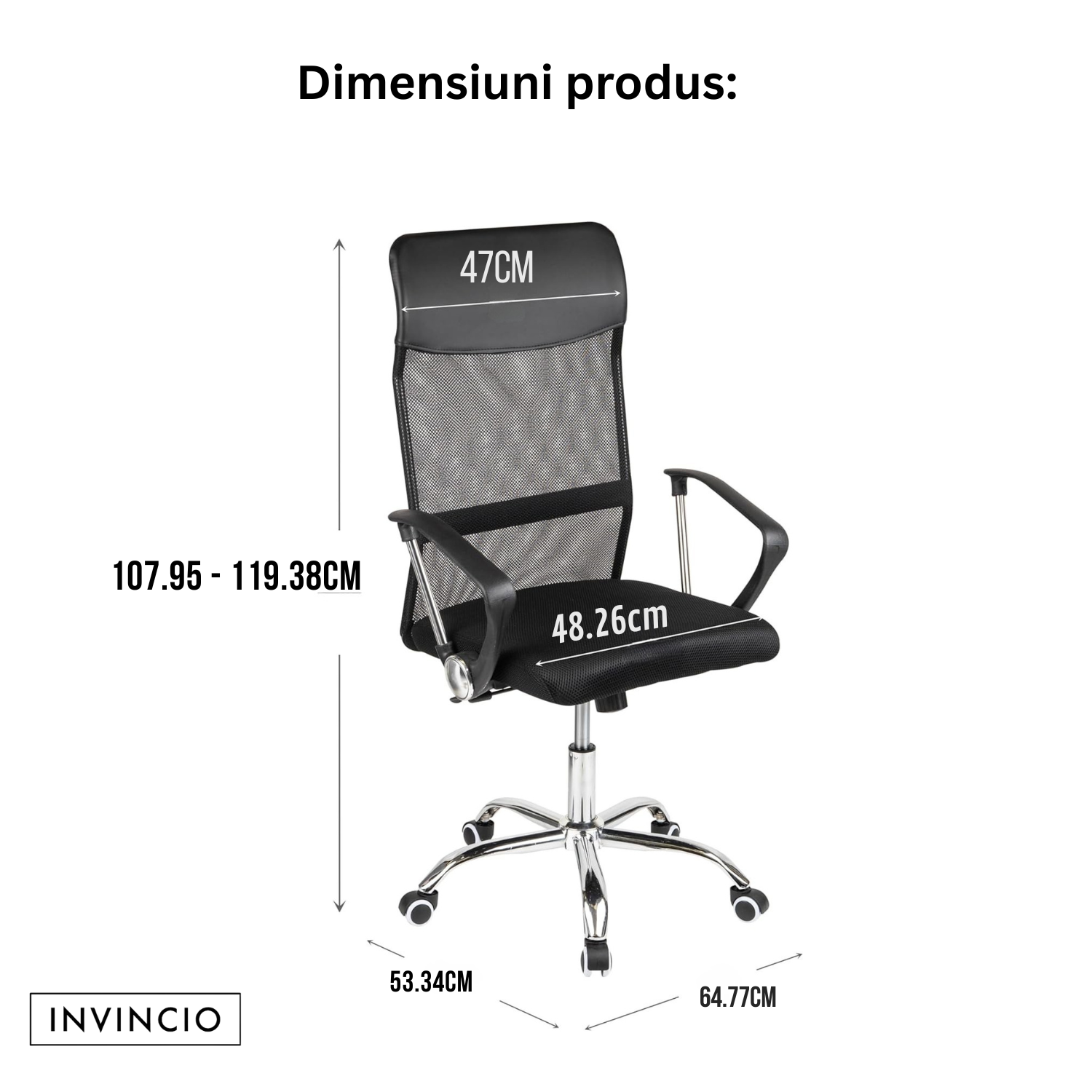 Invincio SmartFit 2 – Scaun ergonomic cu spatar mesh si tetiera, negru