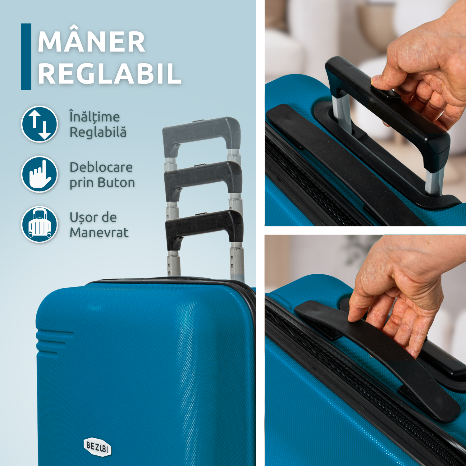 Troler Cabina Bezubi On the Go, Maner Telescopic, Albastru Azur