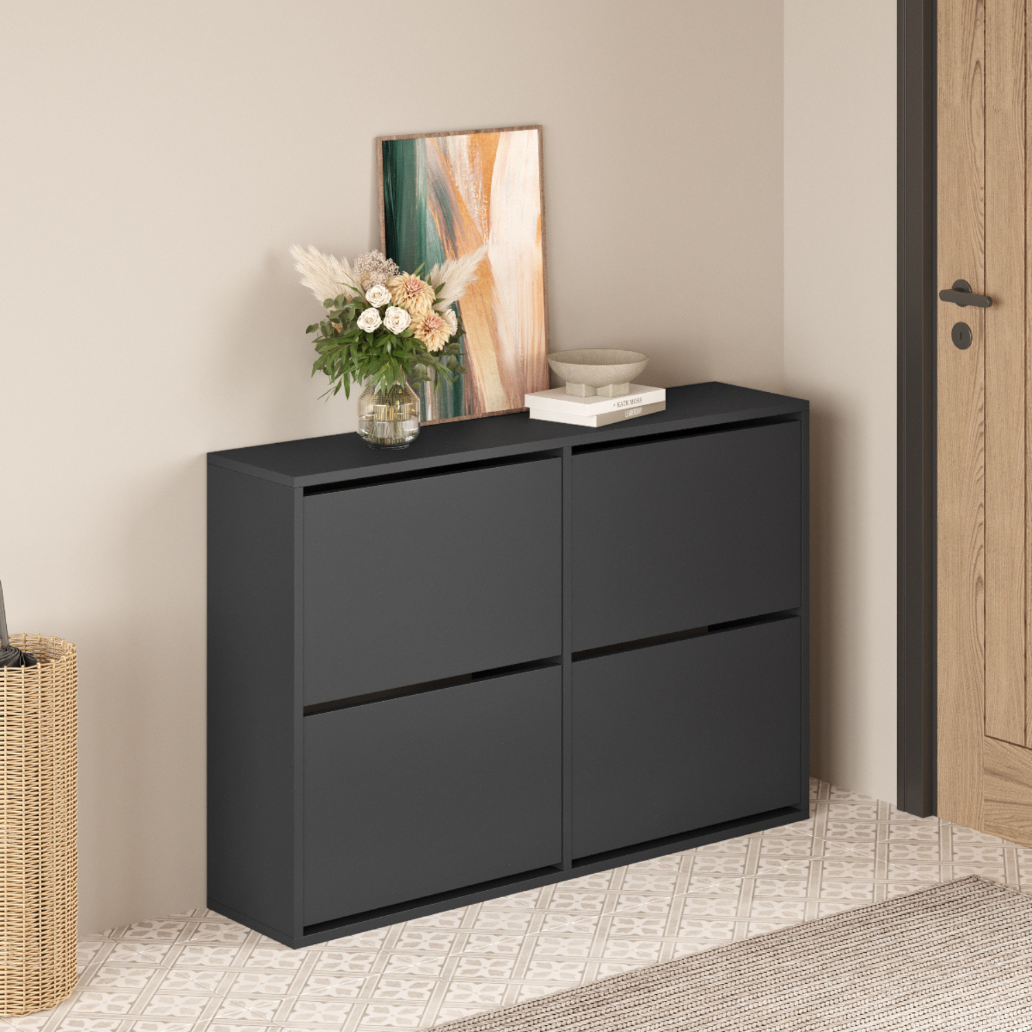 Pantofar cu 4 compartimente, capacitate pana la 16 perechi pantofi, mobilier hol, design slim, organizator pantofi, dimensiuni 117, 5 x 27 x 79 cm, structura rezistenta, aspect modern, gri