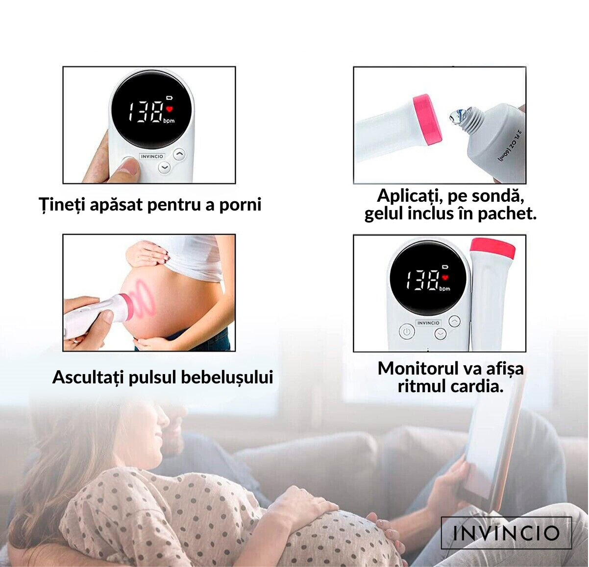Monitor fetal Doppler Invincio pentru monitorizare functii vitale fat intrauterin, gel ultrasunete inclus, detectarea batailor inimii/pulsului fatului, ascultare sunete din burtica, pentru gravide, portabil