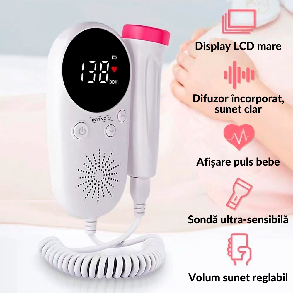 Monitor fetal Doppler Invincio pentru monitorizare functii vitale fat intrauterin, gel ultrasunete inclus, detectarea batailor inimii/pulsului fatului, ascultare sunete din burtica, pentru gravide, portabil