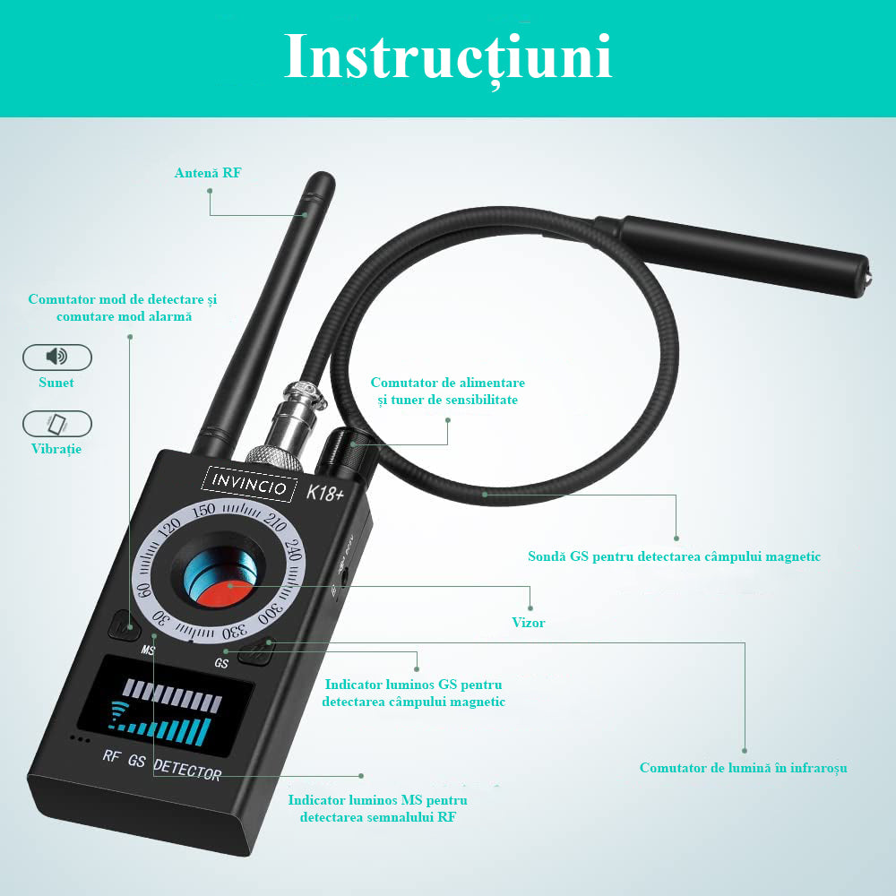 Detector profesional anti spionaj, Invincio K18, detecteaza Camere, Microfoane, Localizatoare GPS sau GSM, semnale wi-fi si dispozitive cu frecvente 1-8000MHZ, lungime 10.5 cm, negru