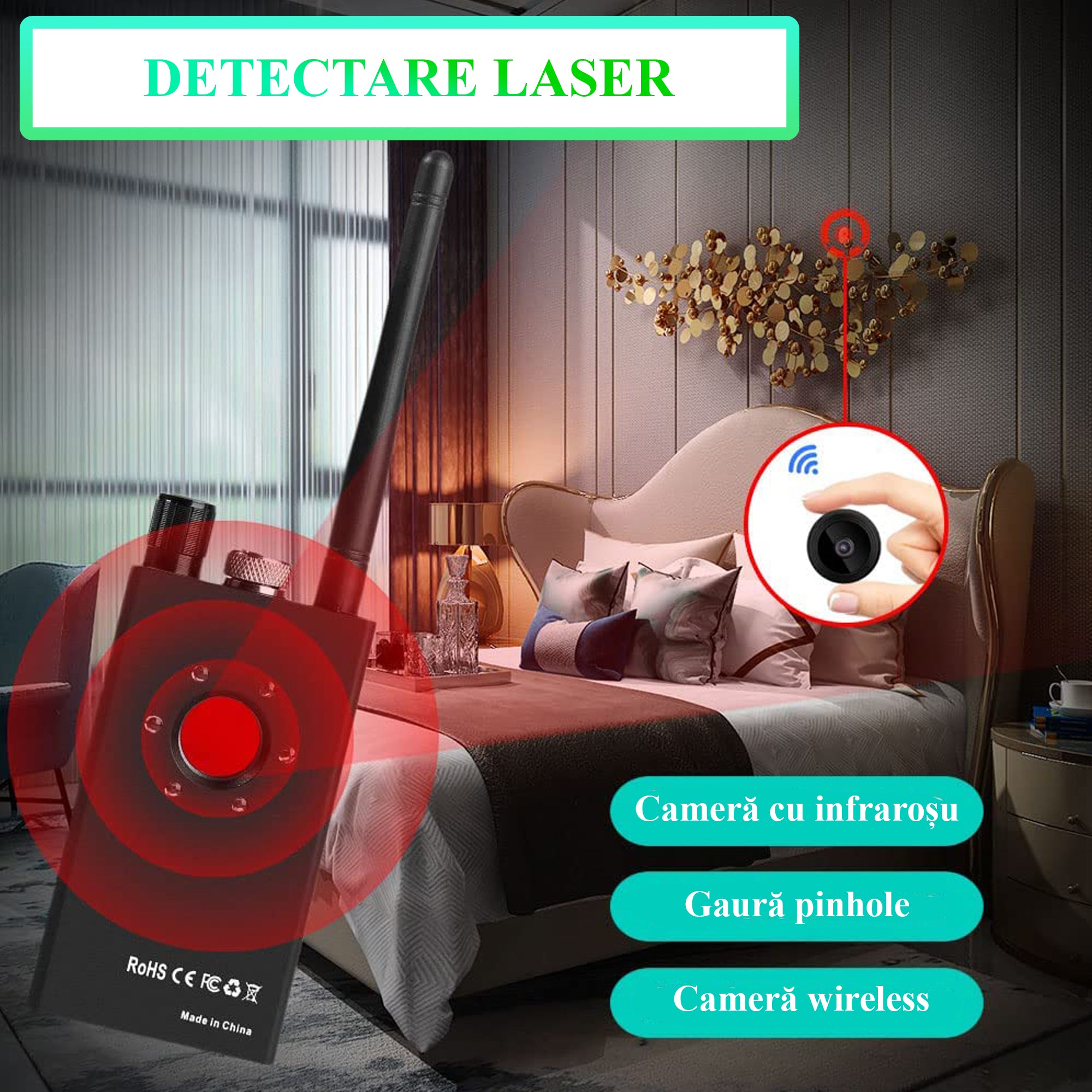 Detector profesional anti spionaj, Invincio K18, detecteaza Camere, Microfoane, Localizatoare GPS sau GSM, semnale wi-fi si dispozitive cu frecvente 1-8000MHZ, lungime 10.5 cm, negru