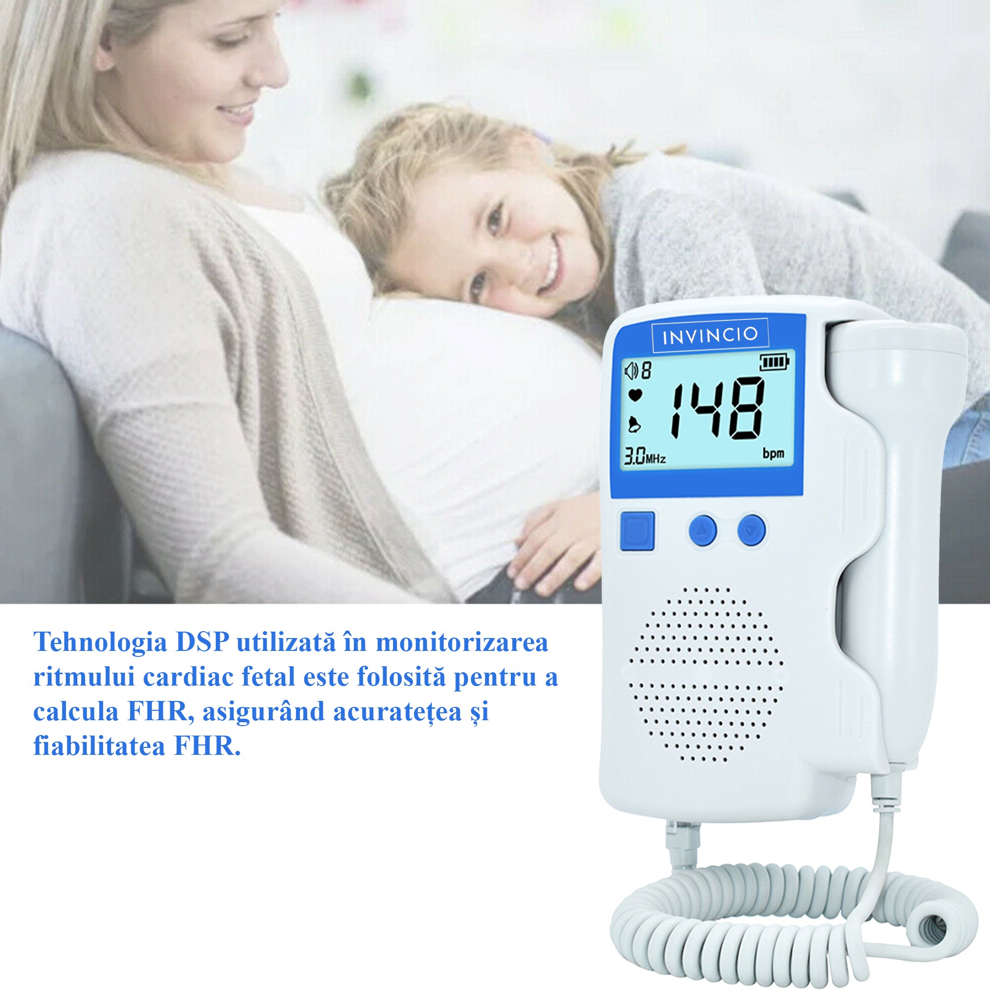 Monitor fetal Doppler, Invincio, pentru monitorizare functii vitale fat intrauterin, set cu gel ultrasunete, Zero radiatii, detectarea batailor inimii/pulsului fatului, pentru gravide, portabil, alb/albastru
