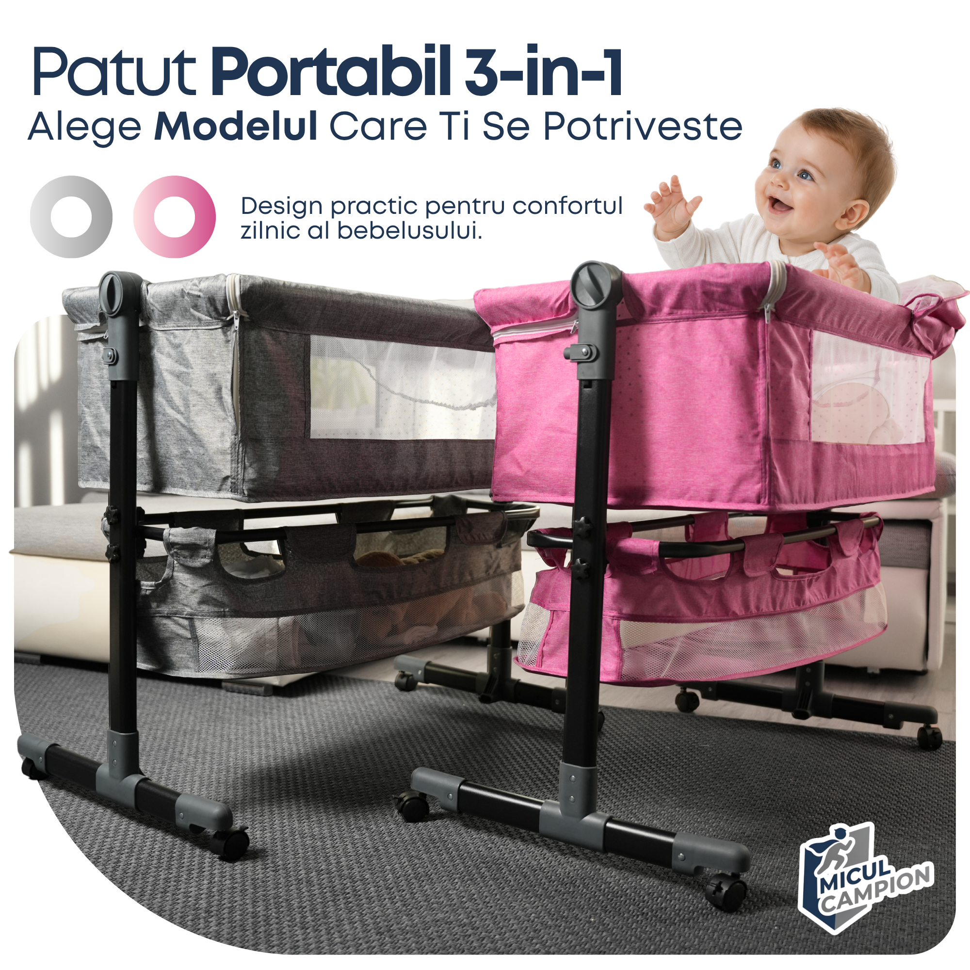 Pat bebelus 0-24 luni, pana la 15 kg, pliabil si portabil, saltea si cos depozitare inclus