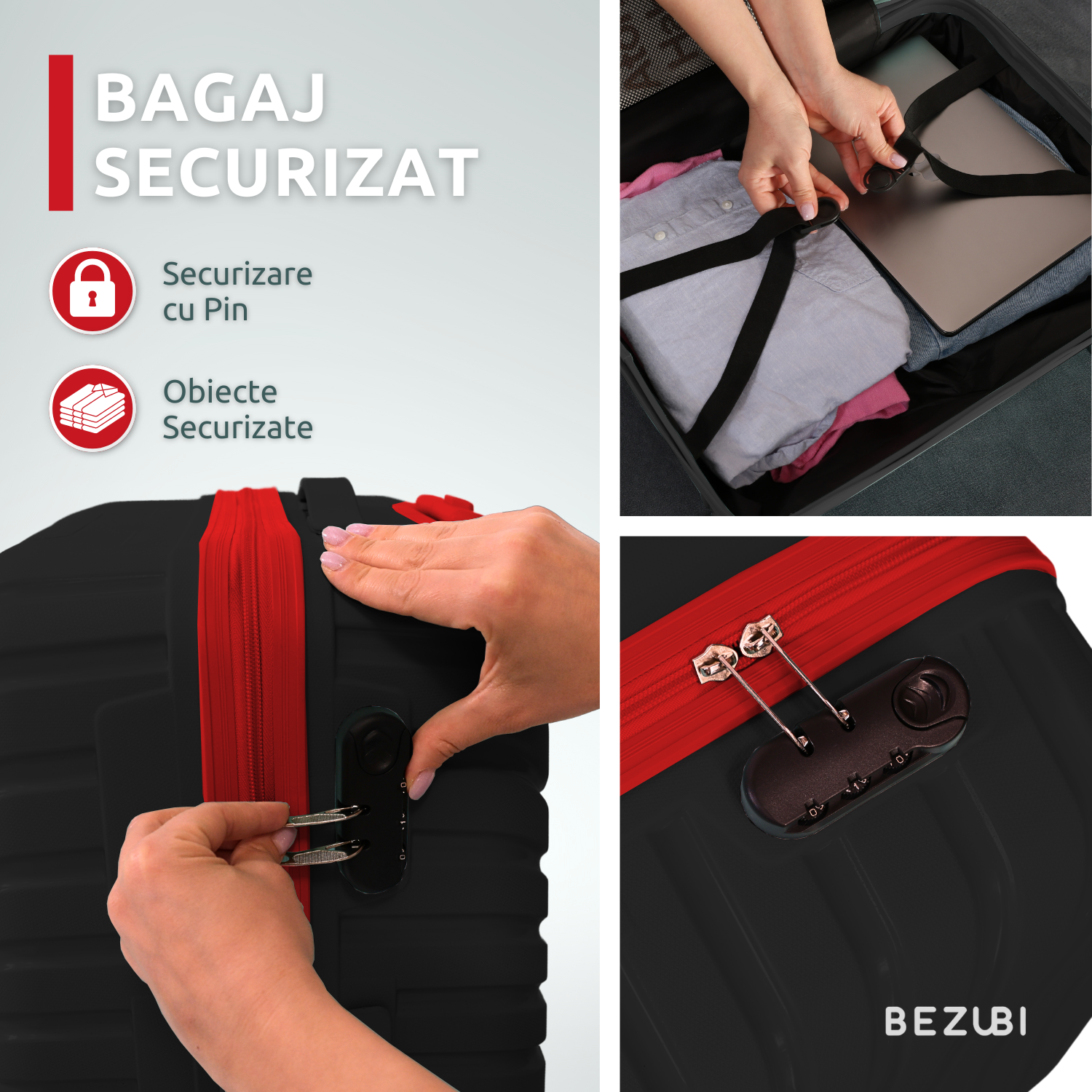 Set complet 3 trolere pentru vacanta, Negru-Rosu