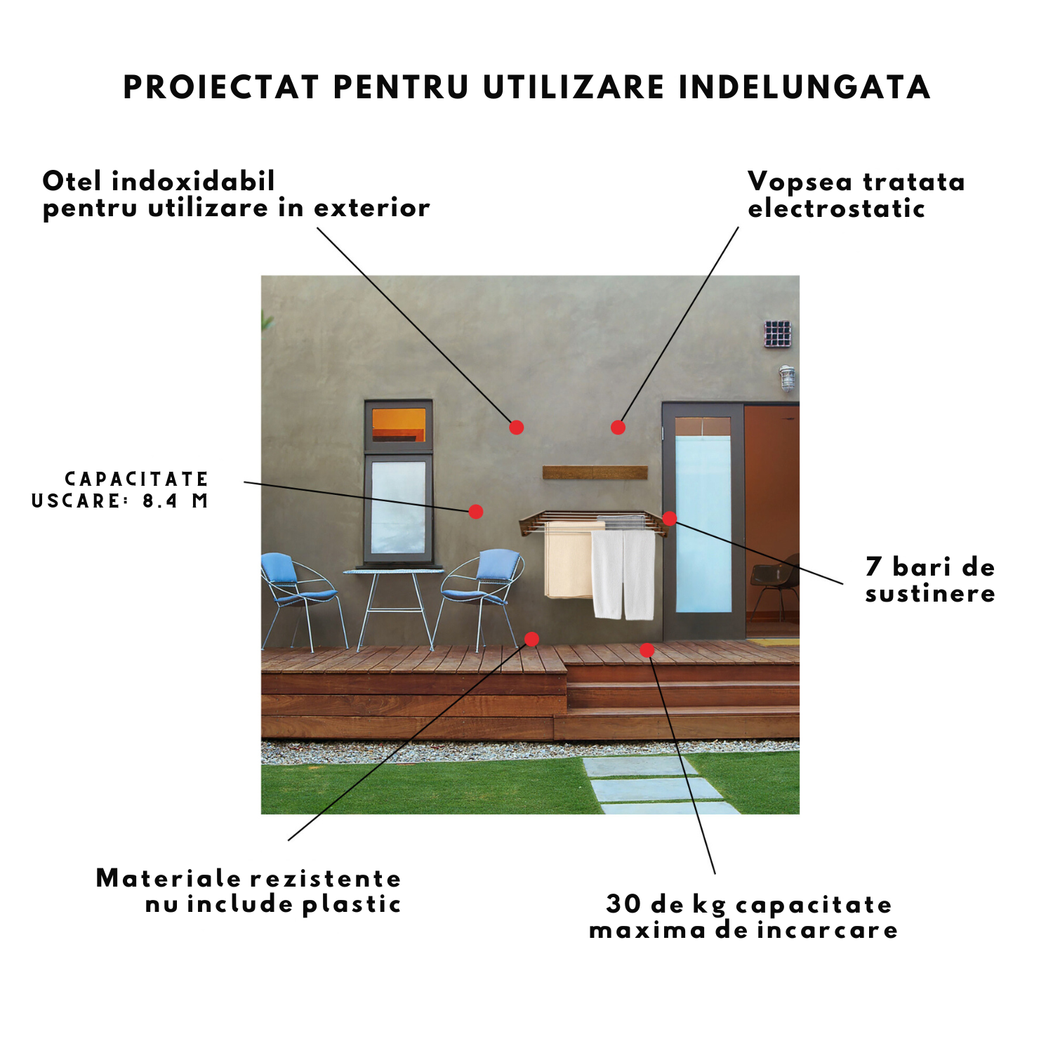 Uscator de Rufe Pliabil, Bezubi FlexDry, Montare Perete, Retractabil. Usor de instalat, Design Compact, Capacitate uscare 8.4 m, Sustine pana la 30 de kg, Metalic vopsit electrostatic Pentru Interior si Exterior, 120 cm. Gri