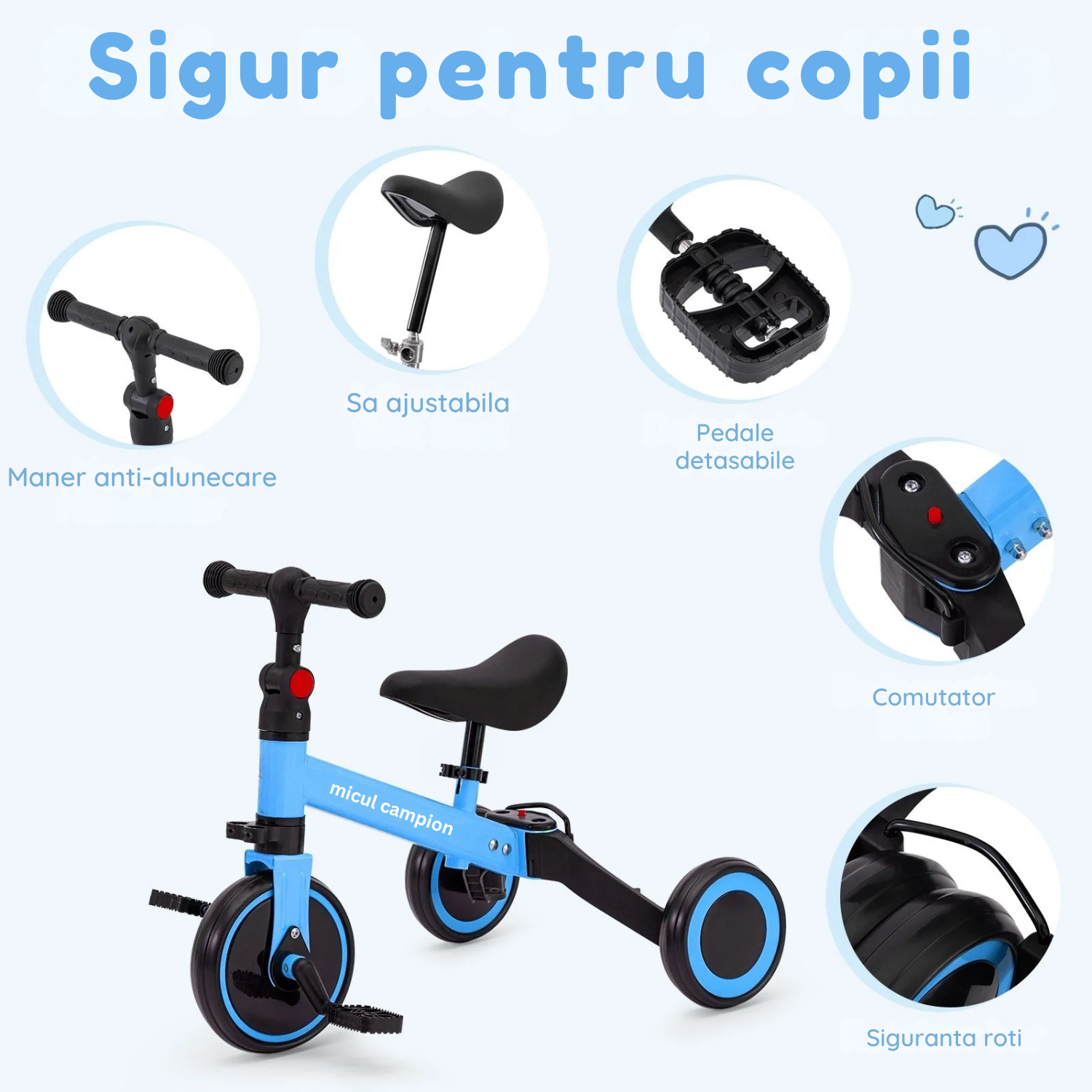 Invincio Micul Campion EasyRide 2–5 ani – Tricicleta modulara 4-in-1, albastru