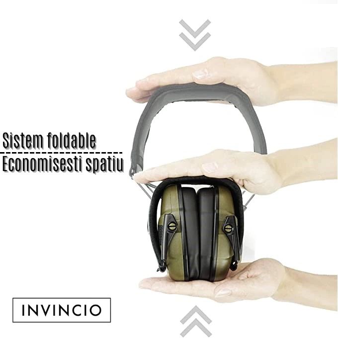 Casti tactice antifon activ INVINCIO® HL, protectie auz, antifonate electronic, doua microfoane, filtrare zgomot ambiental, sensibilitate reglabila, profil redus, conectare audio prin jack, pentru poligon, vanatoare, paintball, airsoft, Verde