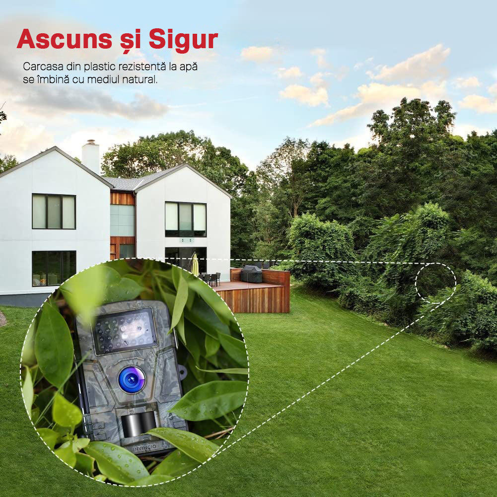 Camera de vanatoare INVINCIO®, monitorizare fauna salbatica, supraveghere gospodarie, foto 12MP, video FHD 1920x1080, protectie IP66, senzor miscare cu infrarosu PIR, display 2 inci, alimentare baterii, stand-by pana la 6 luni, stocare card TF, Camuflaj