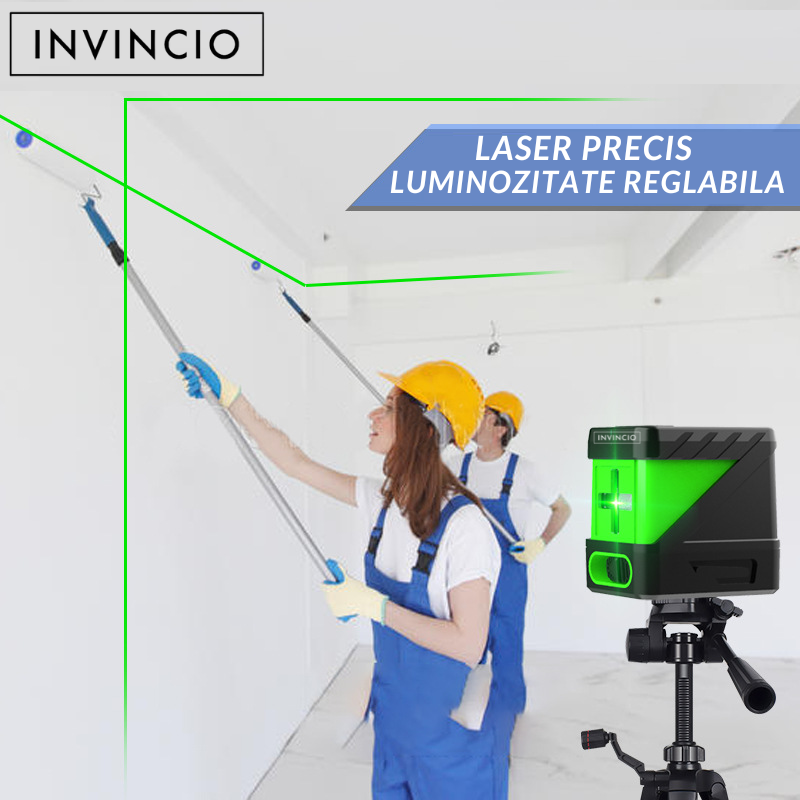 Nivela laser verde Invincio Practic, fascicol laser cruce, auto-nivelare ±4º grade, raza 20 m, 4 intensitati luminare, functie blocare pentru linii diagonale, precizie ± 3mm la 20m, 79x49x78 cm, verde