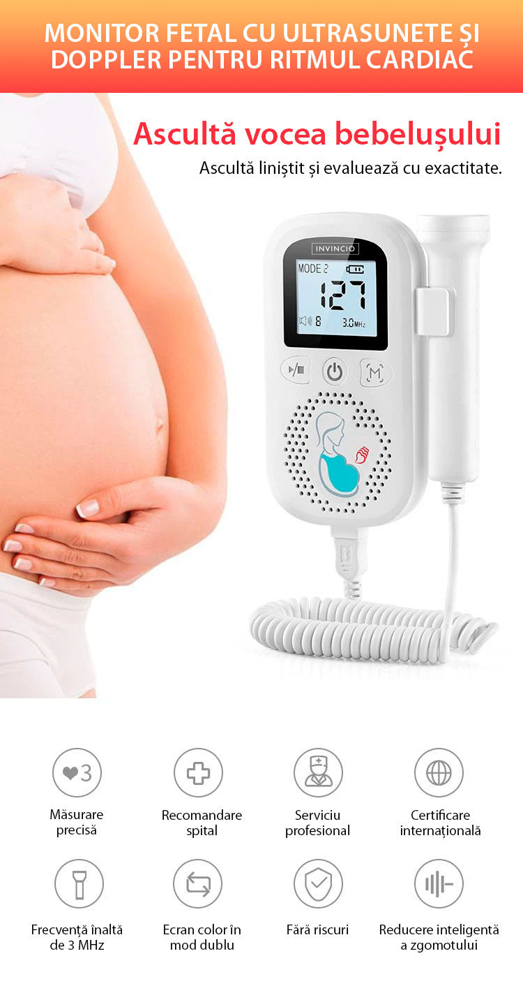 Monitor fetal Doppler, INVINCIO JZI, pentru monitorizare functii vitale fat intrauterin, 3 moduri masurare, acuratete ridicata – sonda 3 mHz, gel ultrasunete inclus, Zero radiatii, detectarea batailor inimii fatului, pentru gravide, portabil, alb