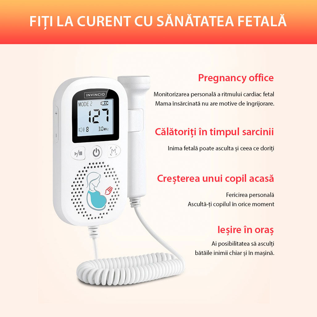 Monitor fetal Doppler, INVINCIO JZI, pentru monitorizare functii vitale fat intrauterin, 3 moduri masurare, acuratete ridicata – sonda 3 mHz, gel ultrasunete inclus, Zero radiatii, detectarea batailor inimii fatului, pentru gravide, portabil, alb